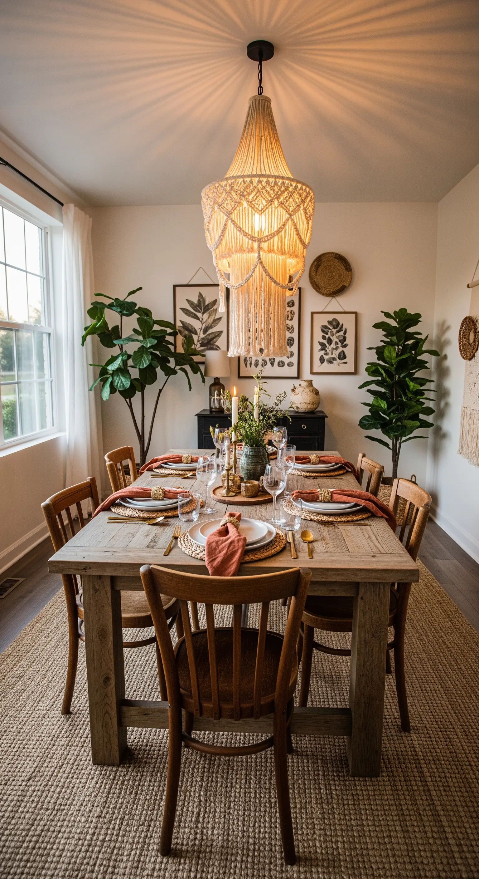 Esszimmer mit großem Makramee-Kronleuchter über einem Holztisch.