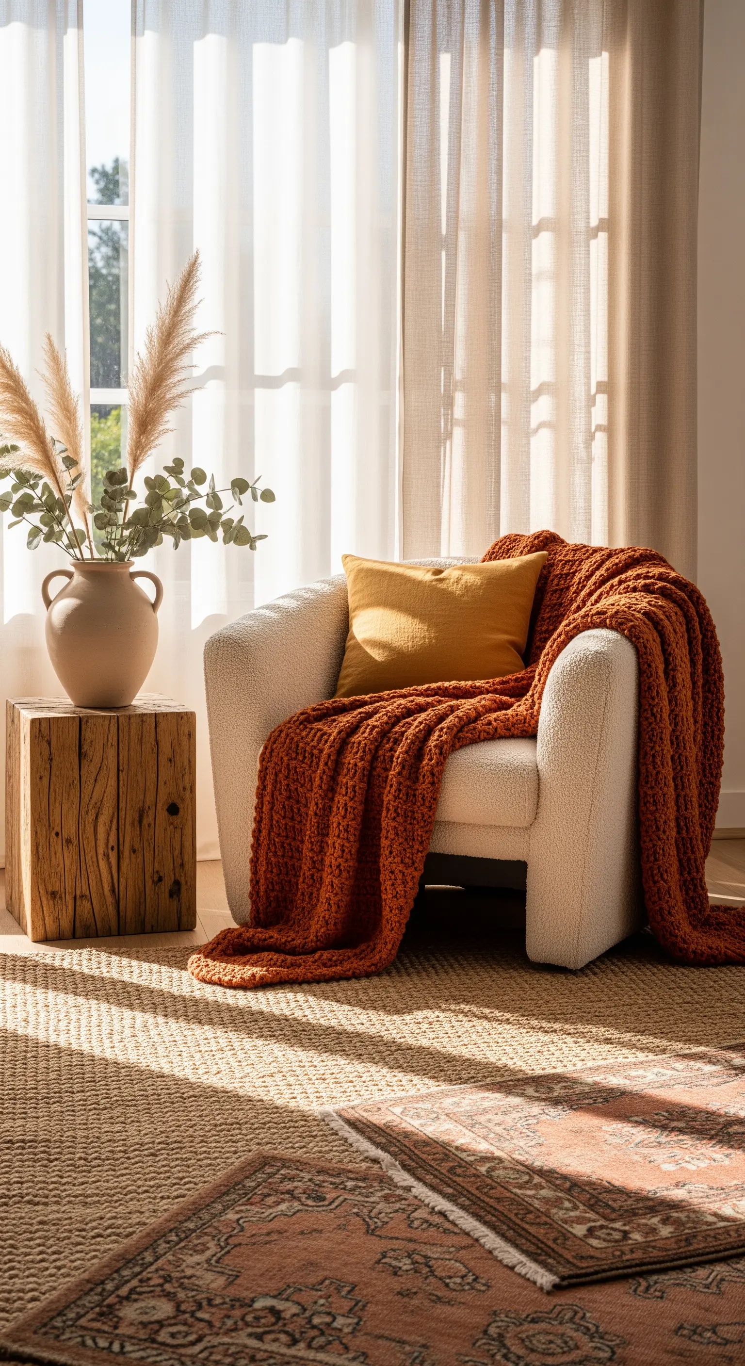Warme Leseecke mit rostfarbener Decke, Holzhocker und Pampasgras.