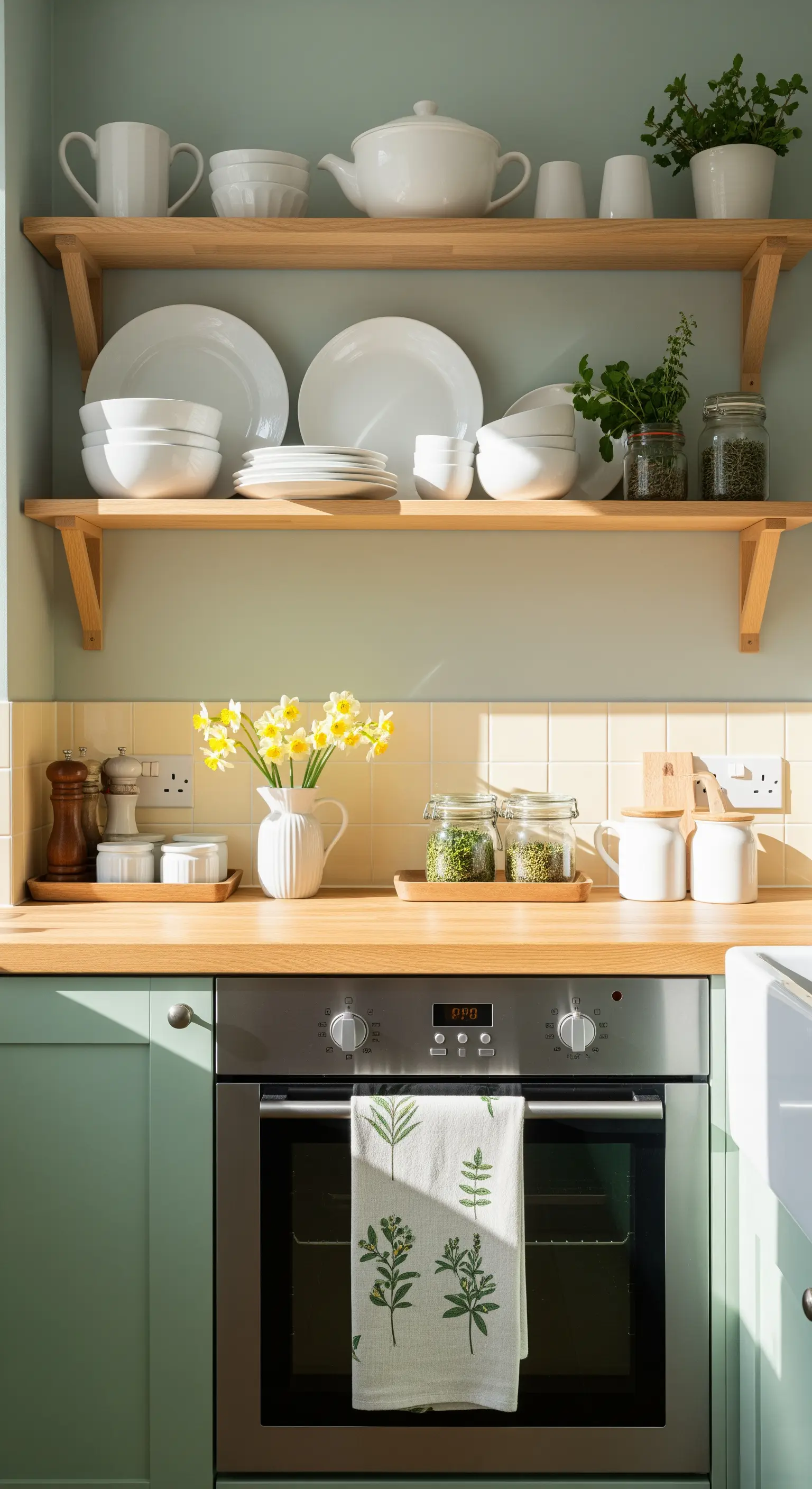 Salbeigrüne Küche mit offenen Holzregalen und einer Vase mit leuchtenden Narzissen