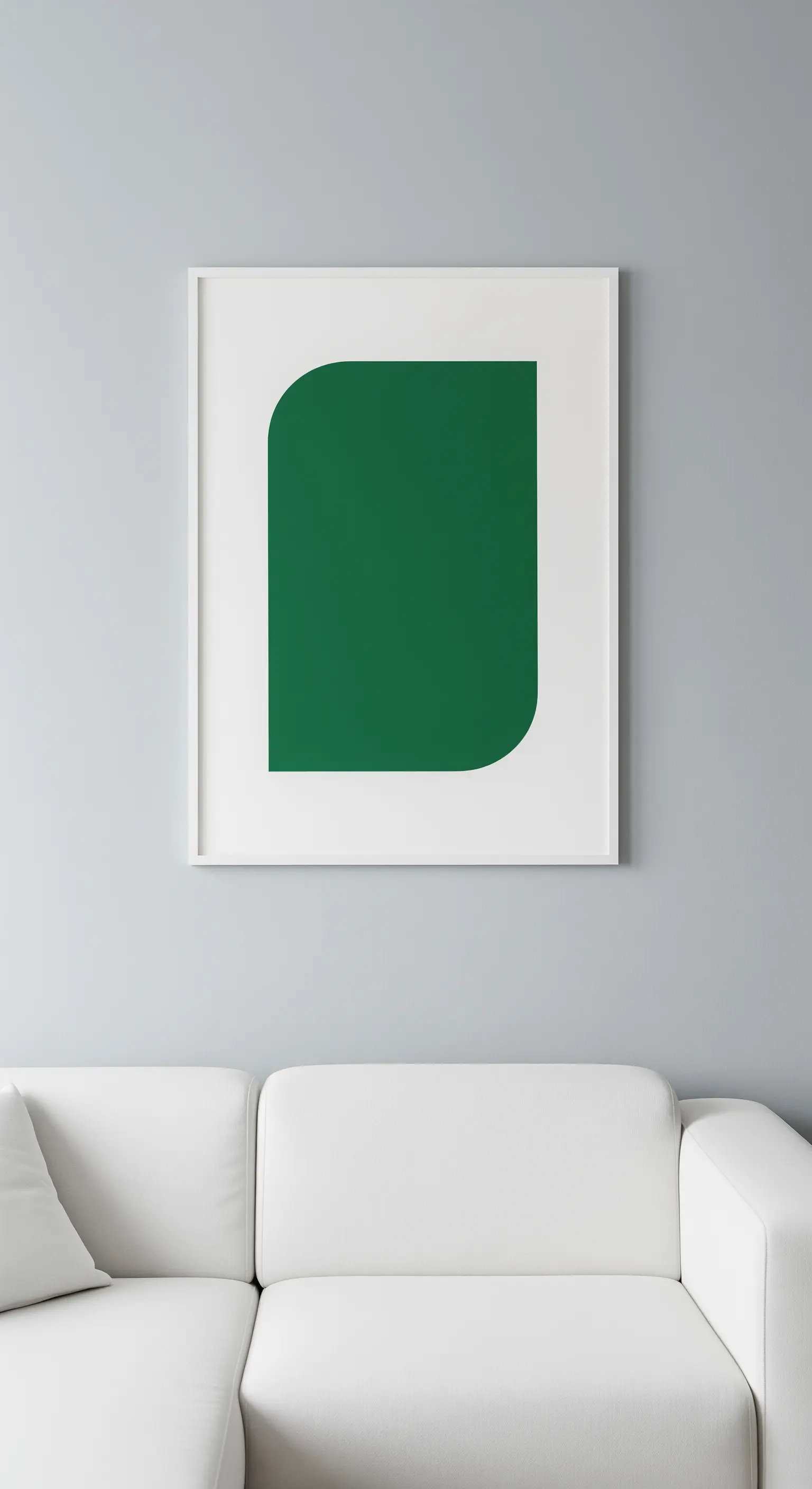 Minimalistisches Bild mit einer grünen Form und breitem weißen Passepartout.