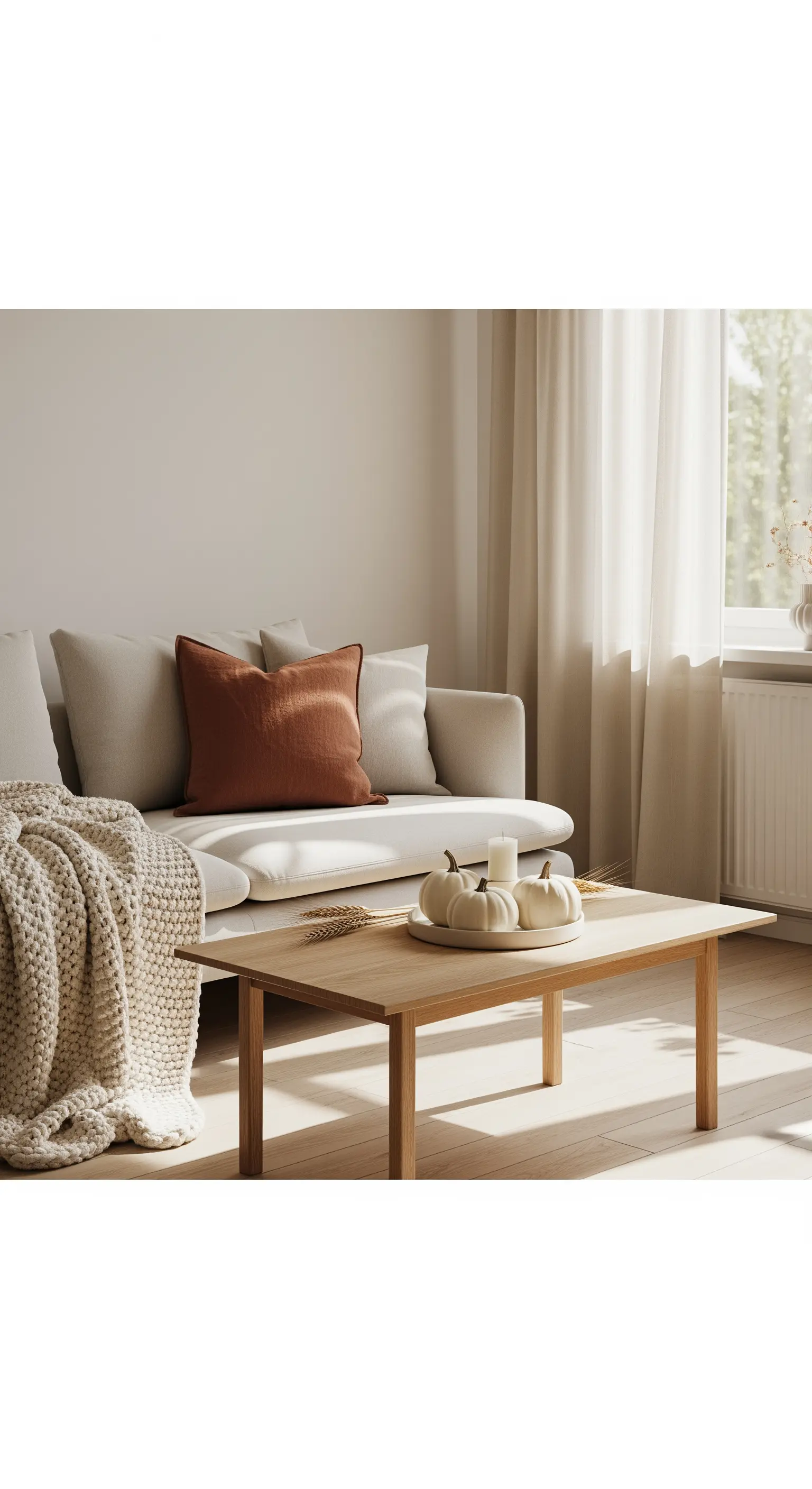 Rostfarbenes Kissen als Akzent auf einer beigen Couch.