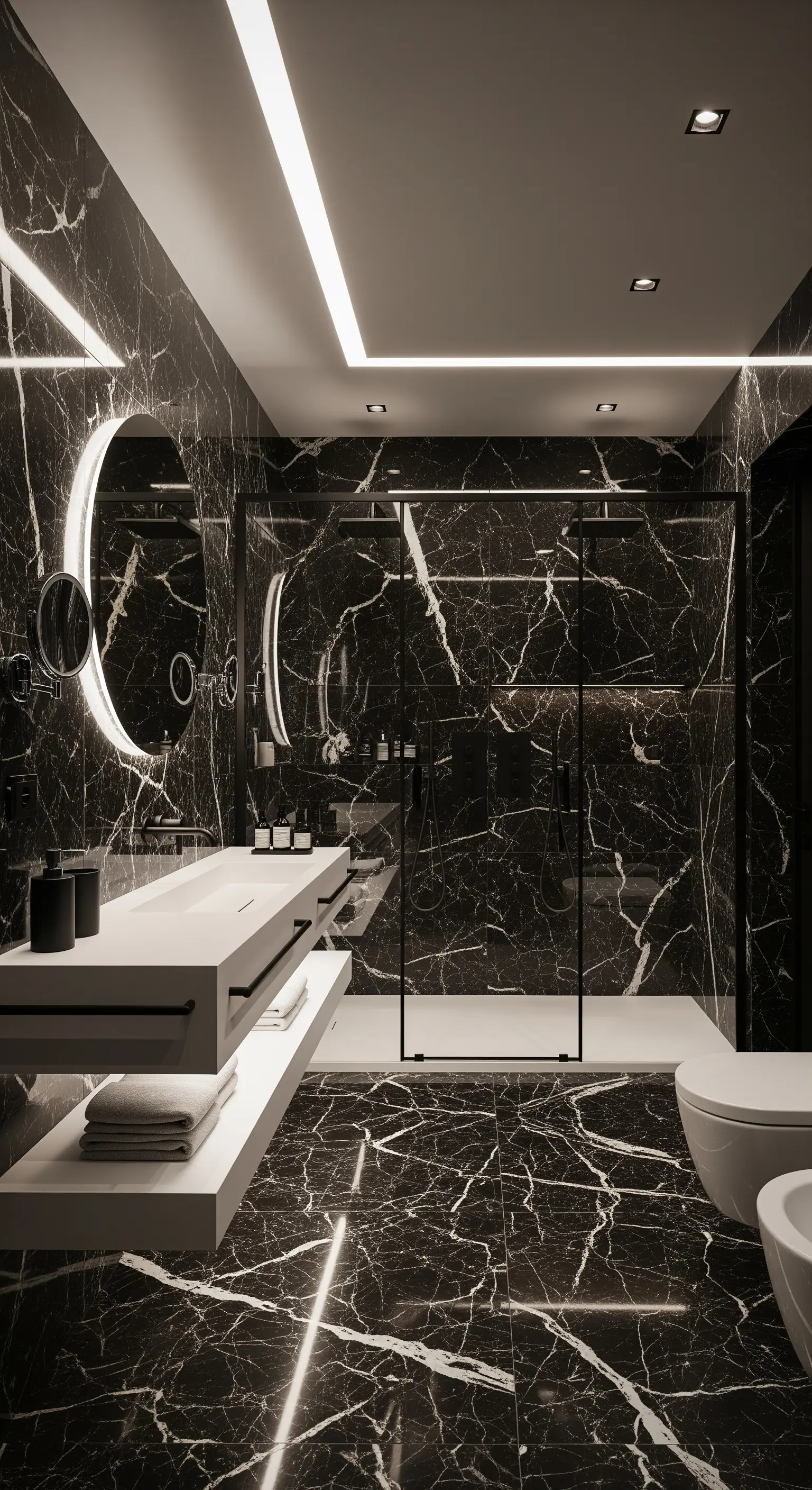 Modernes Badezimmer komplett in schwarzem Marmor mit weißer Aderung und LED-Beleuchtung.