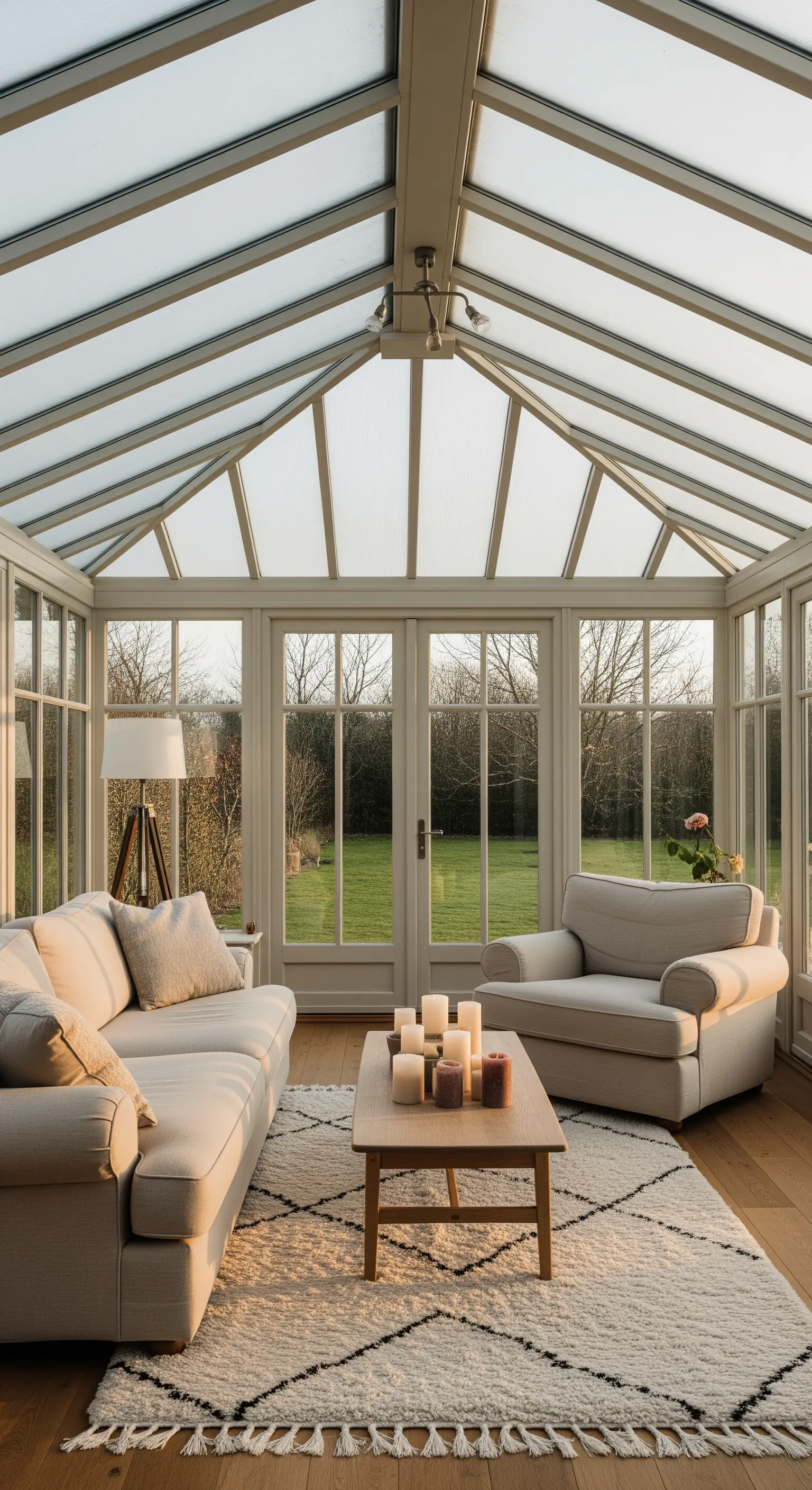 Heller Wintergarten mit strukturiertem Berber-Teppich und Kerzendeko.