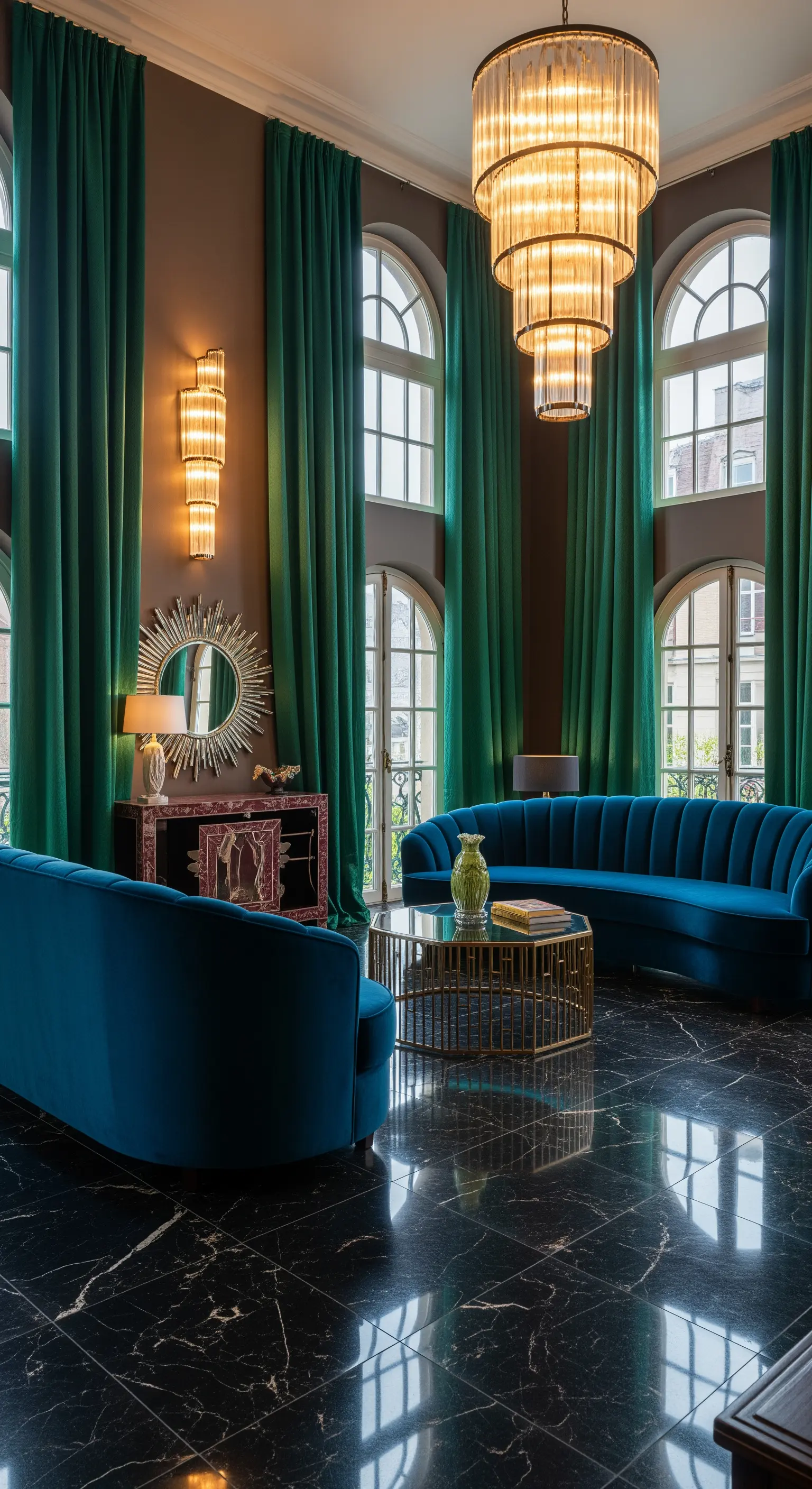 Wohnzimmer mit smaragdgrünen Seidenvorhängen, dunklen Wänden und Goldakzenten.
