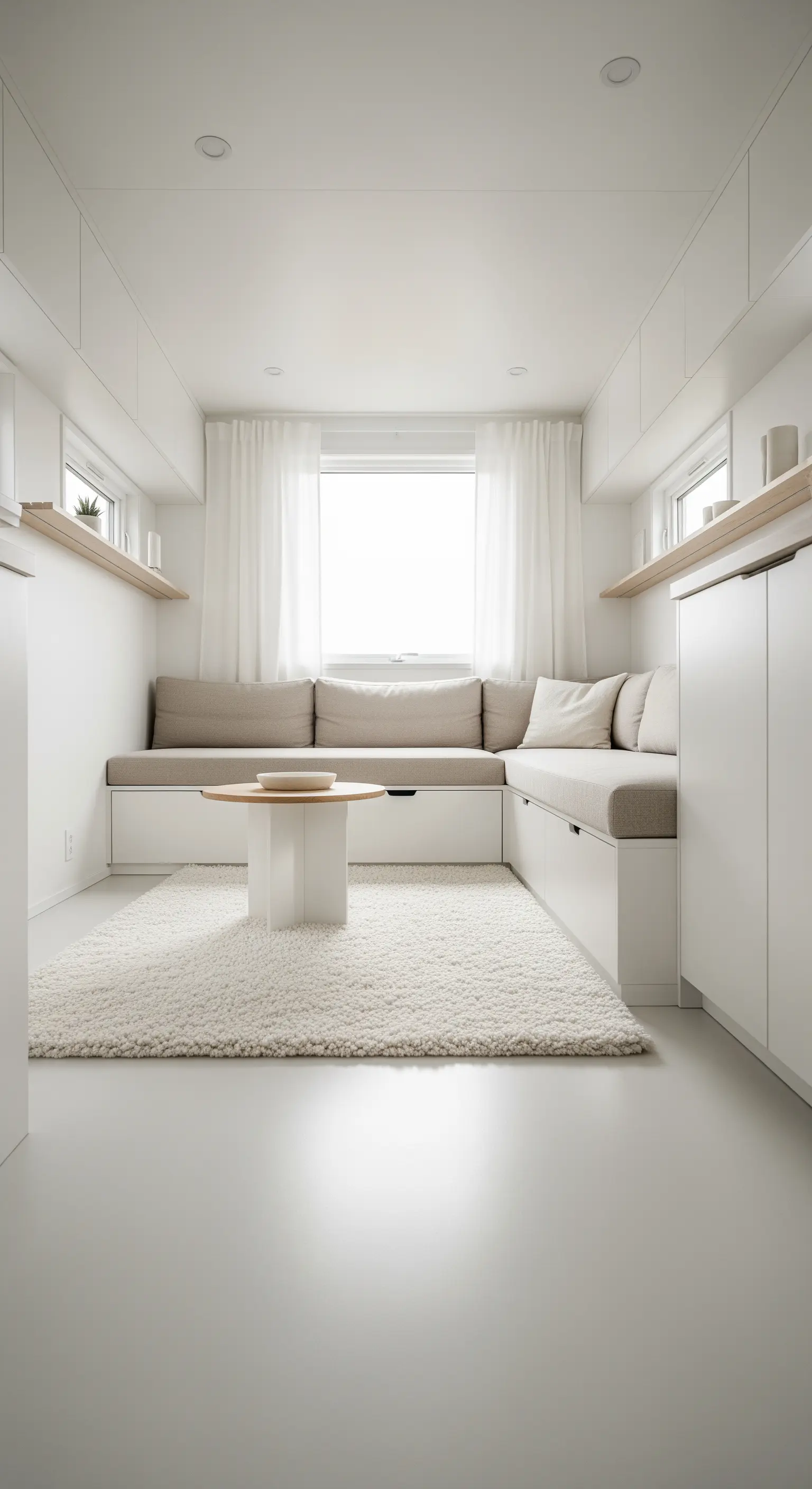 Komplett weißes Tiny House Interieur mit Einbauschränken und Teppich.