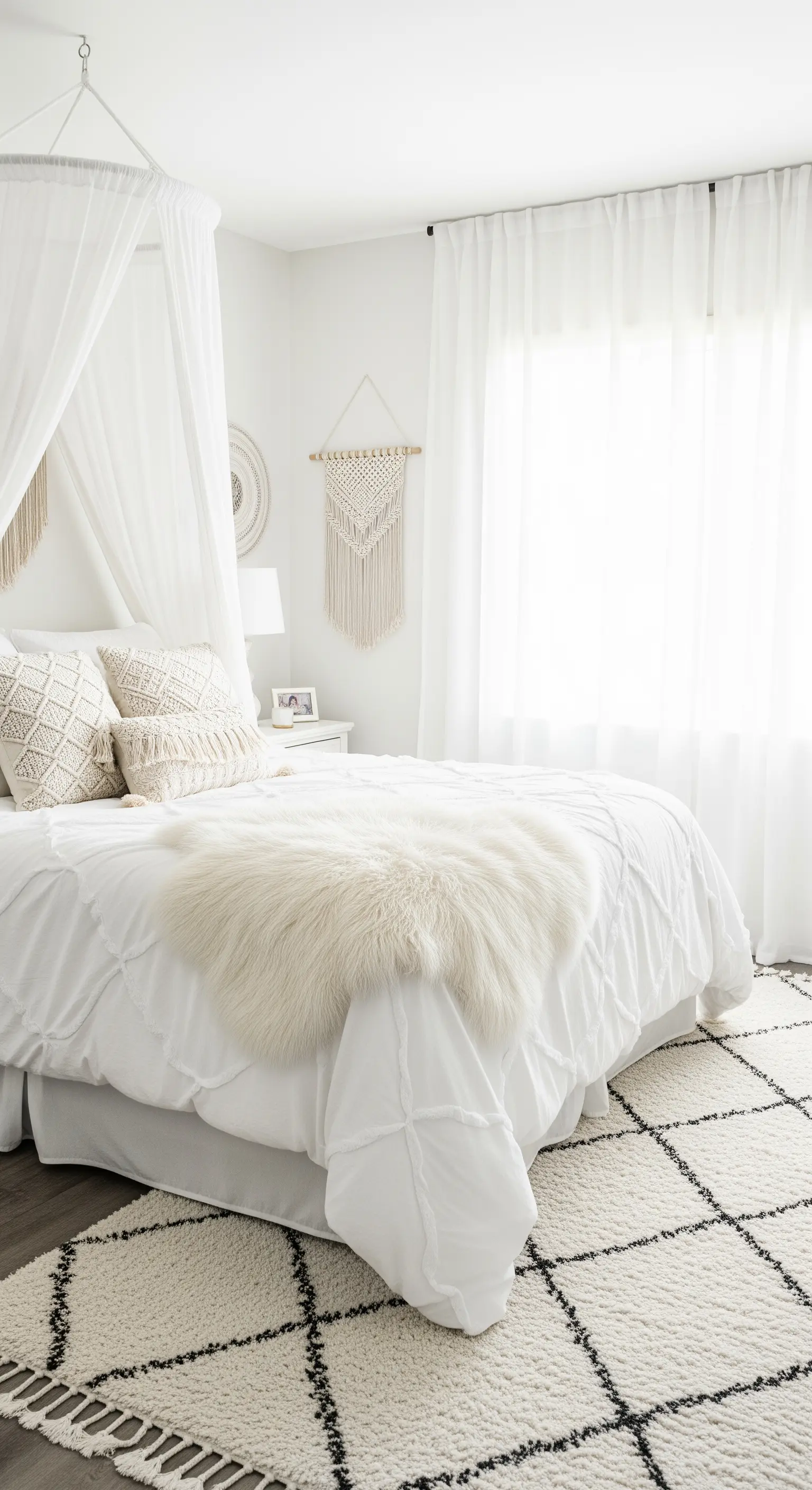 Komplett weißes Boho-Schlafzimmer mit Fokus auf verschiedene Texturen wie Fell, Makramee und einen Berberteppich