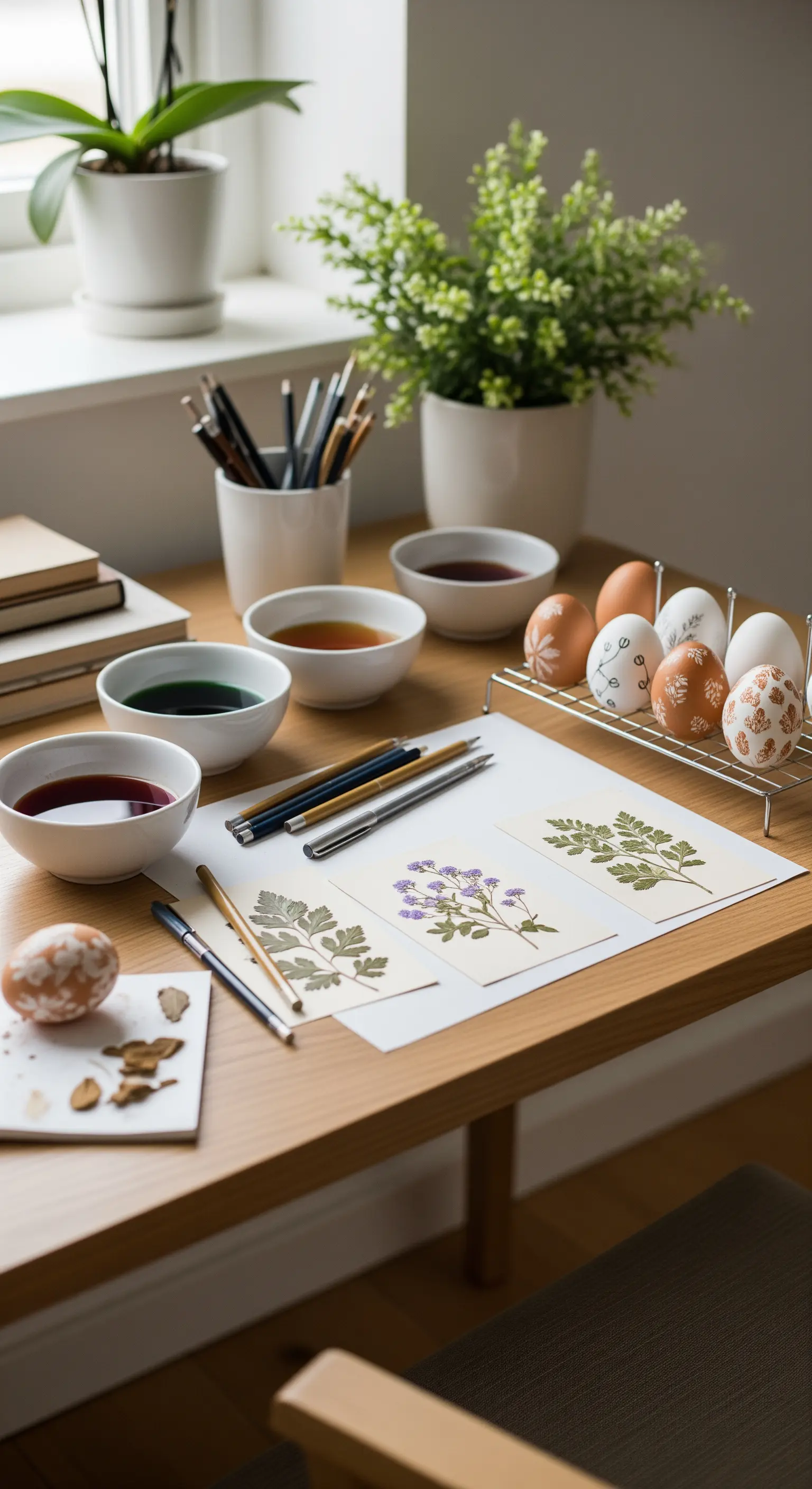 Kreativer Arbeitsplatz mit Utensilien zum Eierfärben mit Naturfarben und Pflanzen.