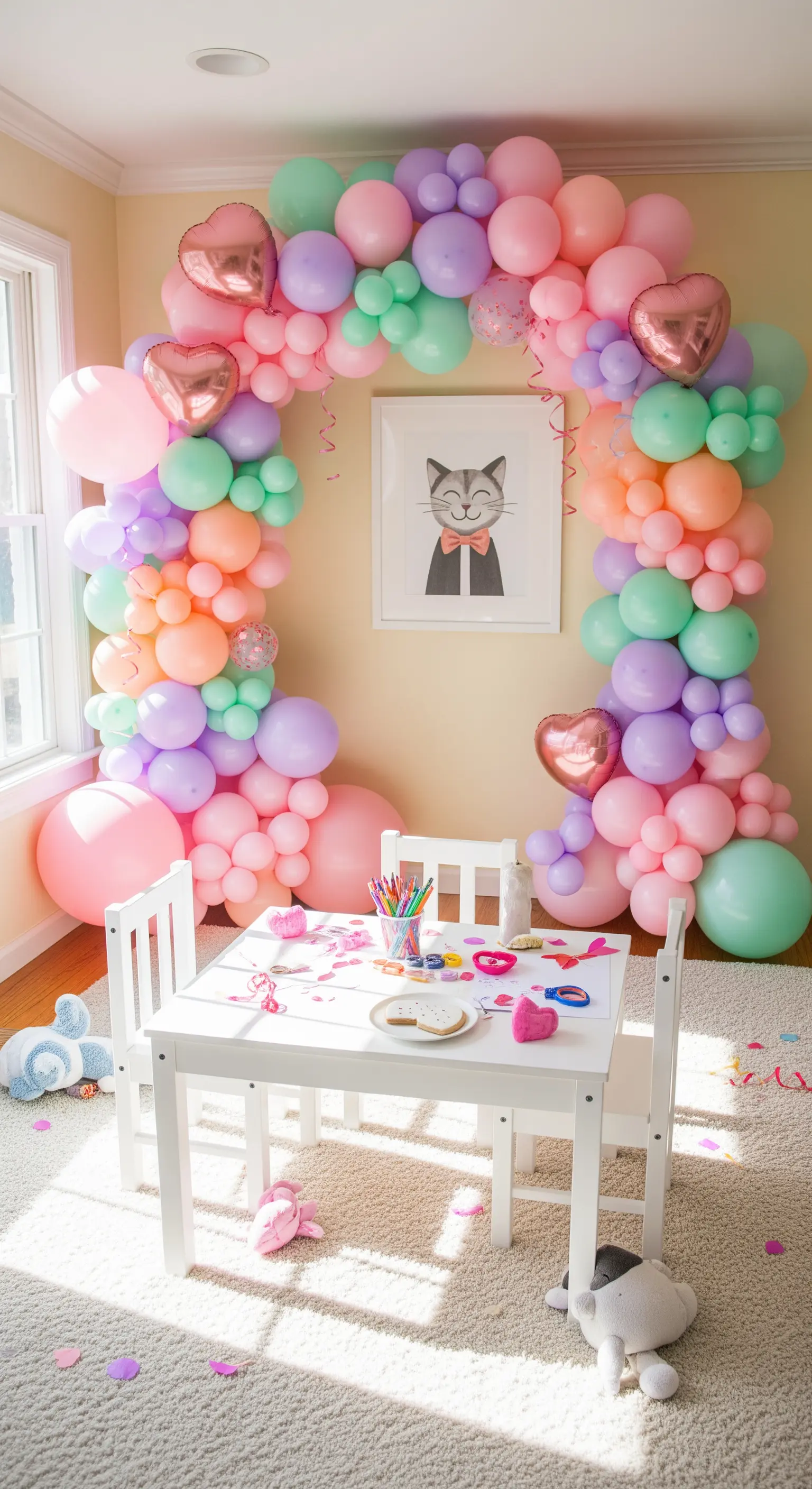 Ein Basteltisch für Kinder, umrahmt von einem Bogen aus pastellfarbenen Ballons.