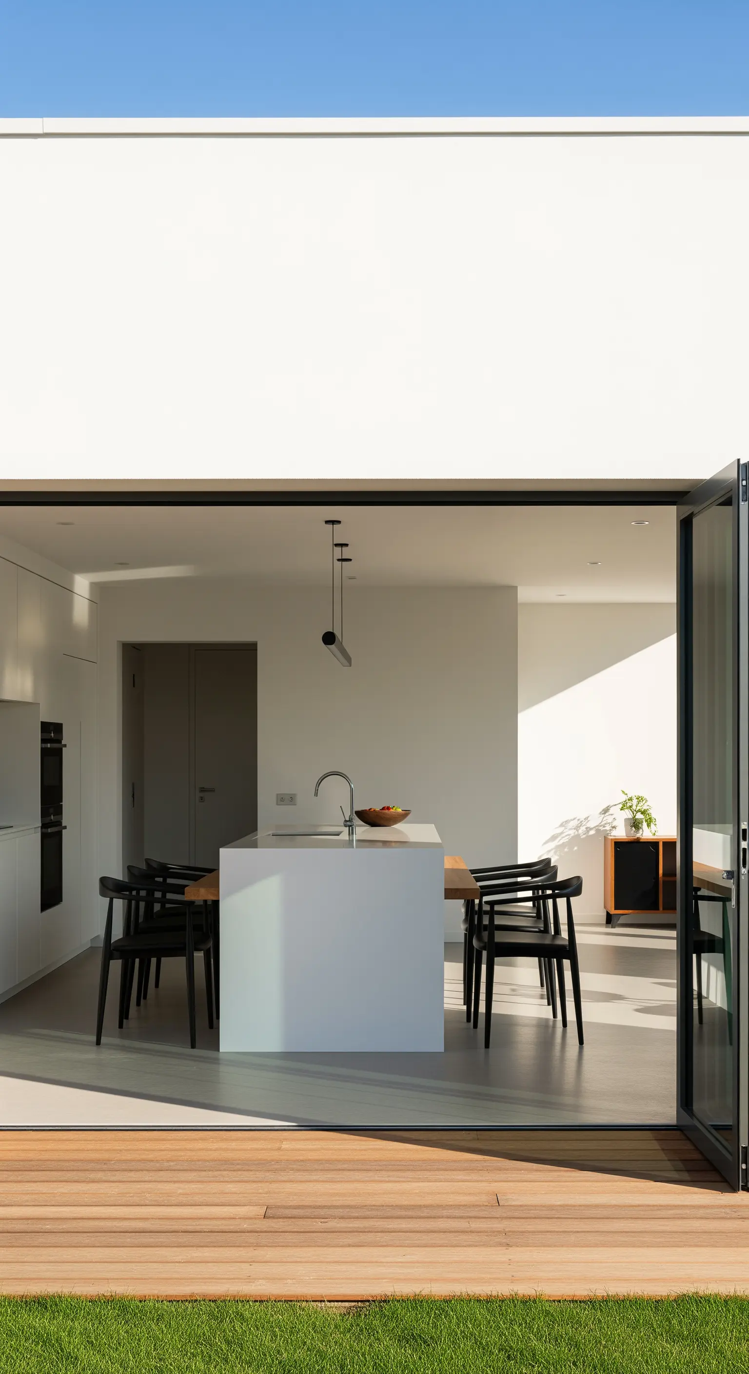 Moderne Küche mit einer Kochinsel und großen Falttüren, die zu einer Holzterrasse führen.