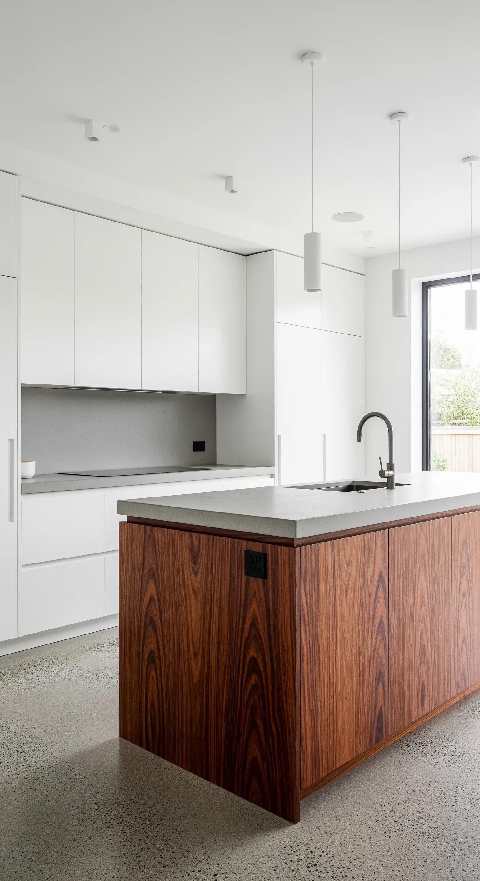 Weiße Küche mit einer Kochinsel, die mit dunklem Holz verkleidet ist.