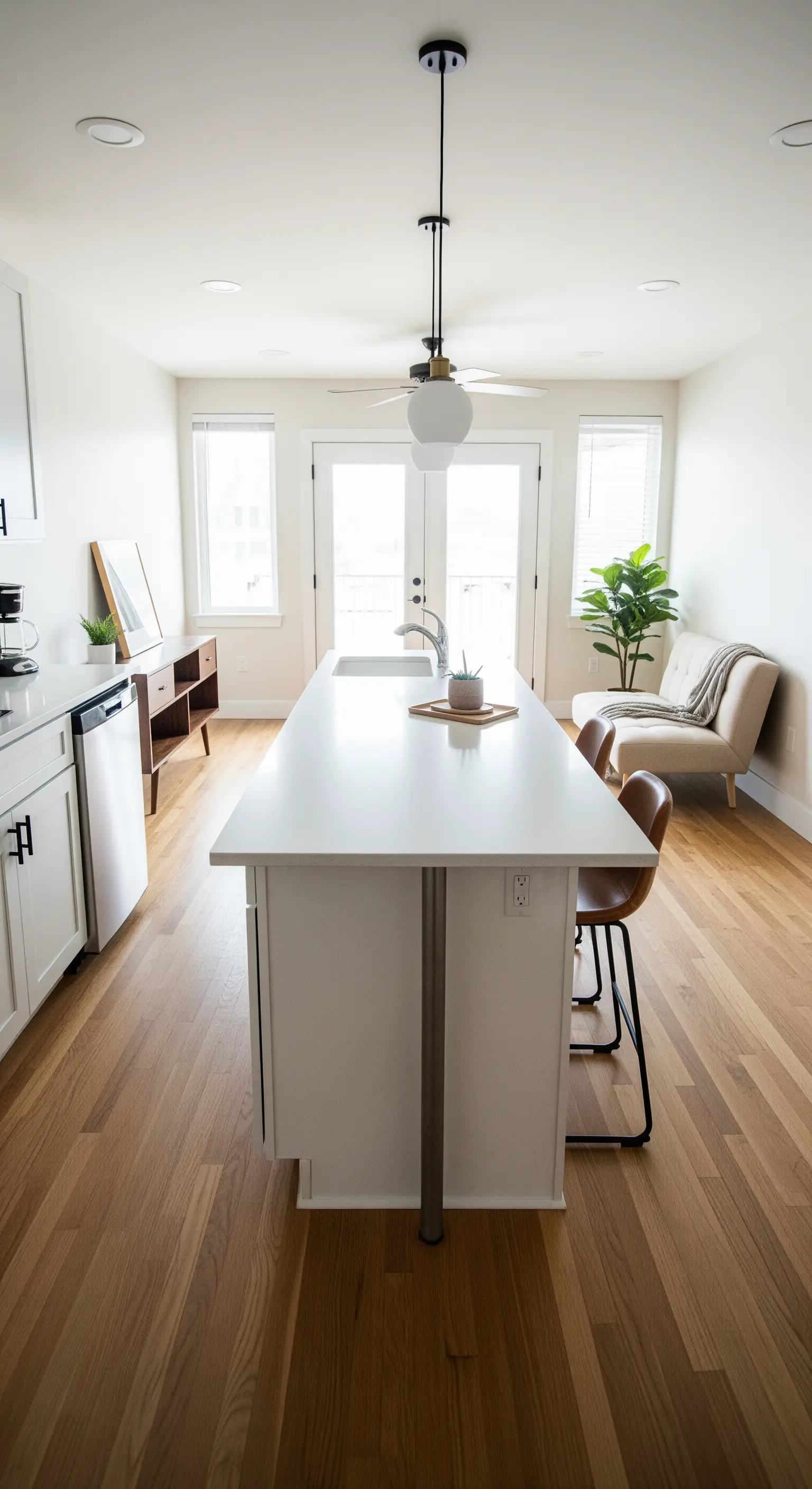 Lange weiße Kücheninsel als zentrales Element in einem hellen Studio