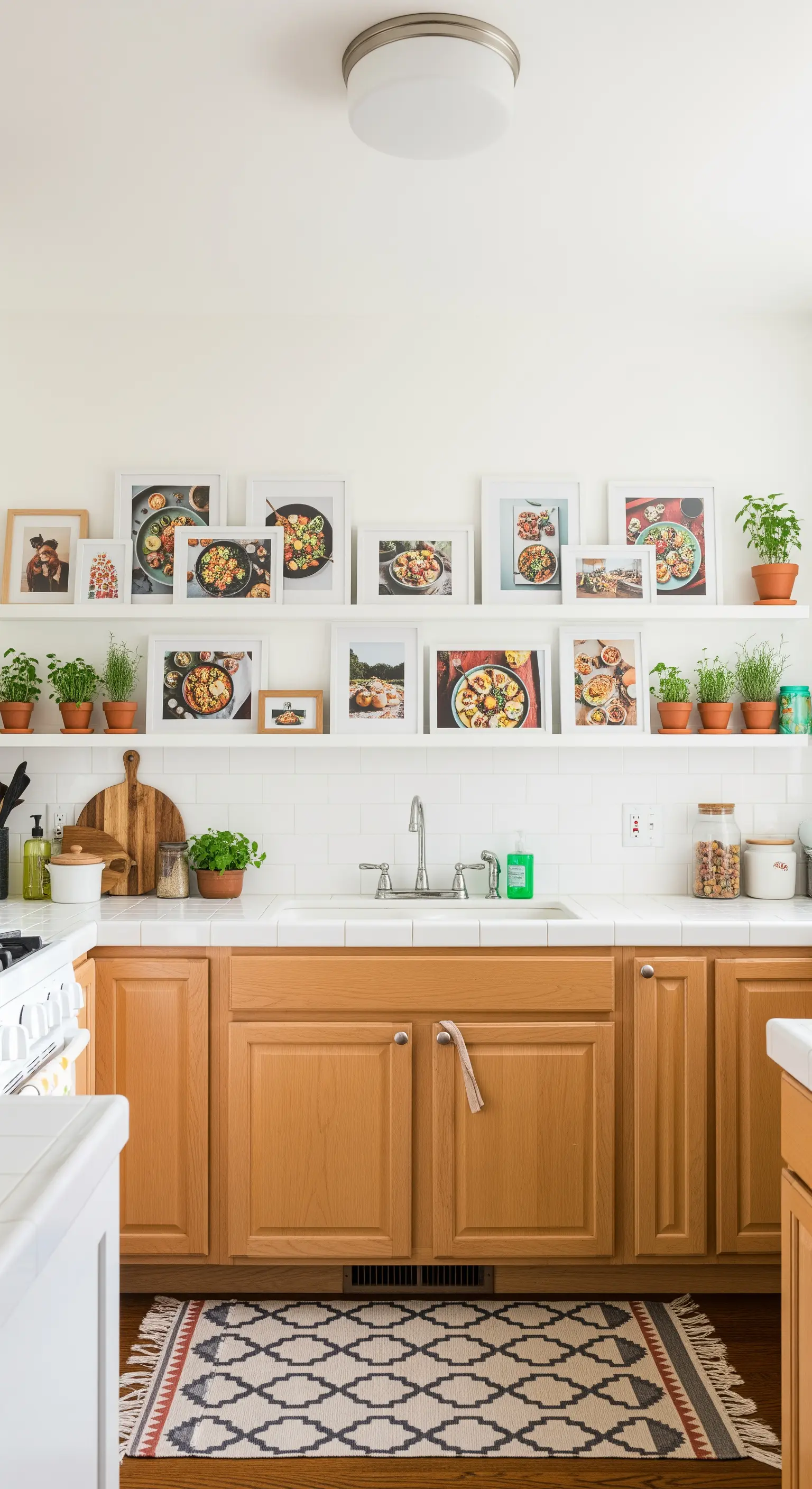 Weiße Bilderleiste in einer Küche, gefüllt mit Food-Fotografien in weißen Rahmen und kleinen Kräutertöpfen.