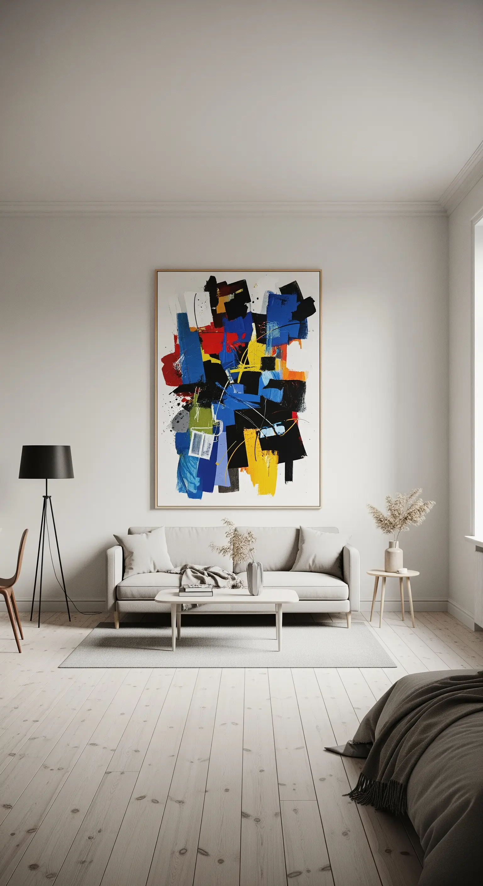 Großes, abstraktes und farbenfrohes Gemälde hängt über einem Sofa in einem Studio