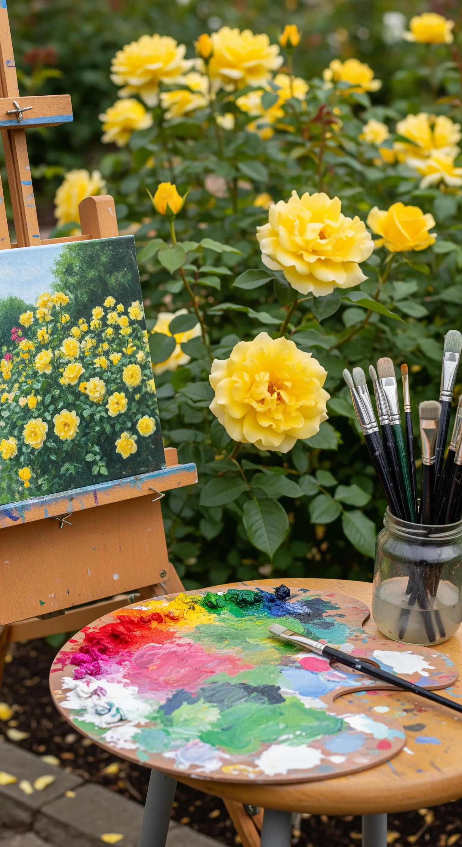 Eine Staffelei mit einem Gemälde gelber Rosen steht vor dem echten Rosenstrauch
