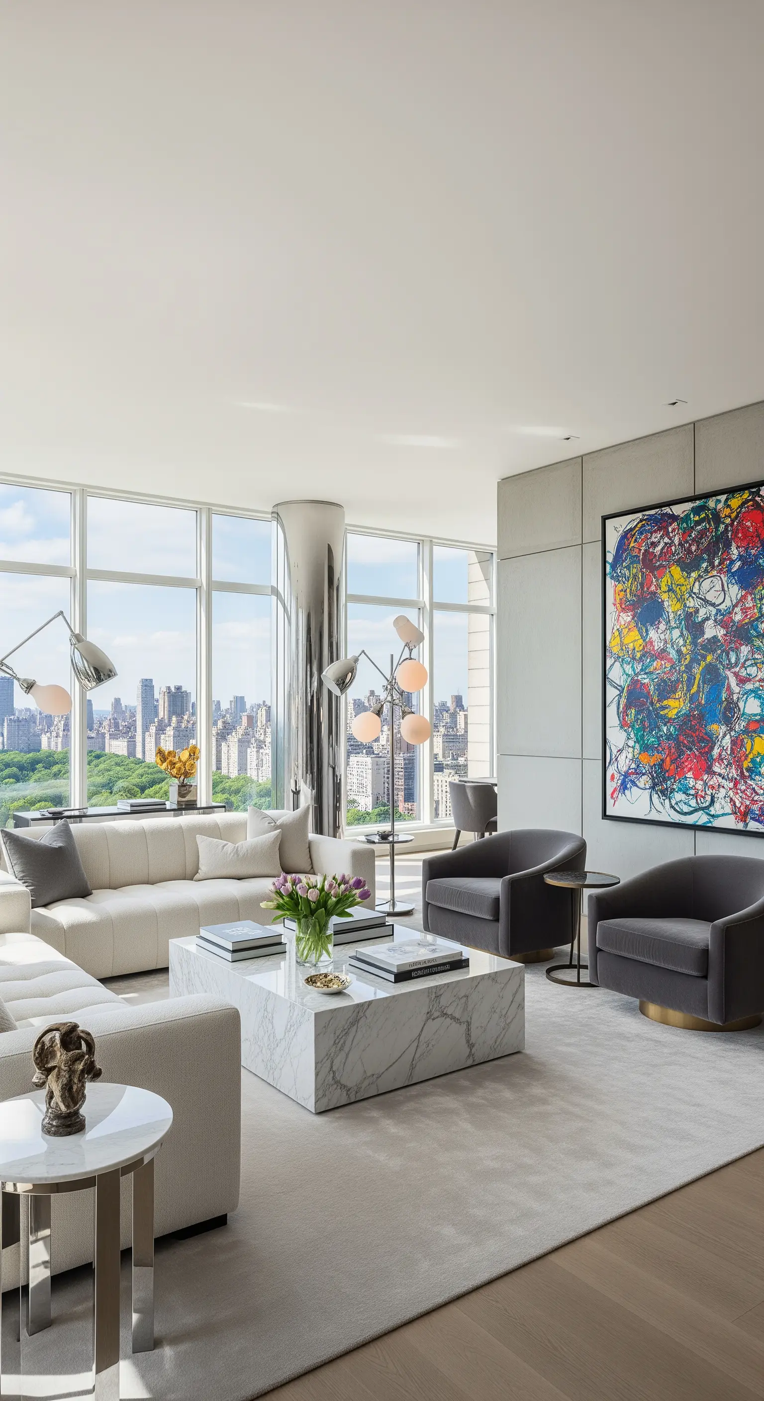 Helles Wohnzimmer mit großem Marmor-Couchtisch und moderner Kunst.