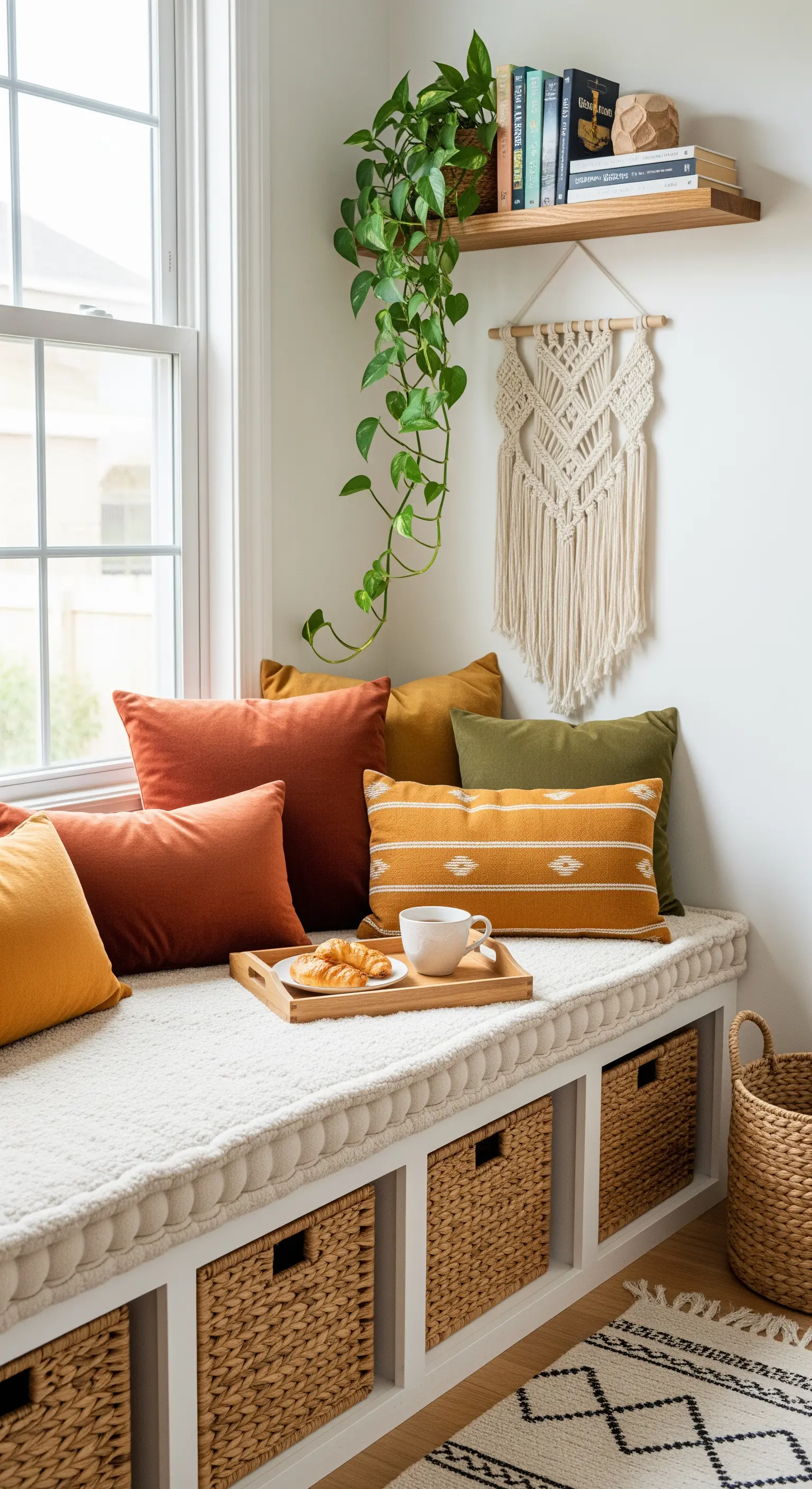 Fensterbank mit Kissen in Rostrot und Senfgelb und geflochtenen Körben.