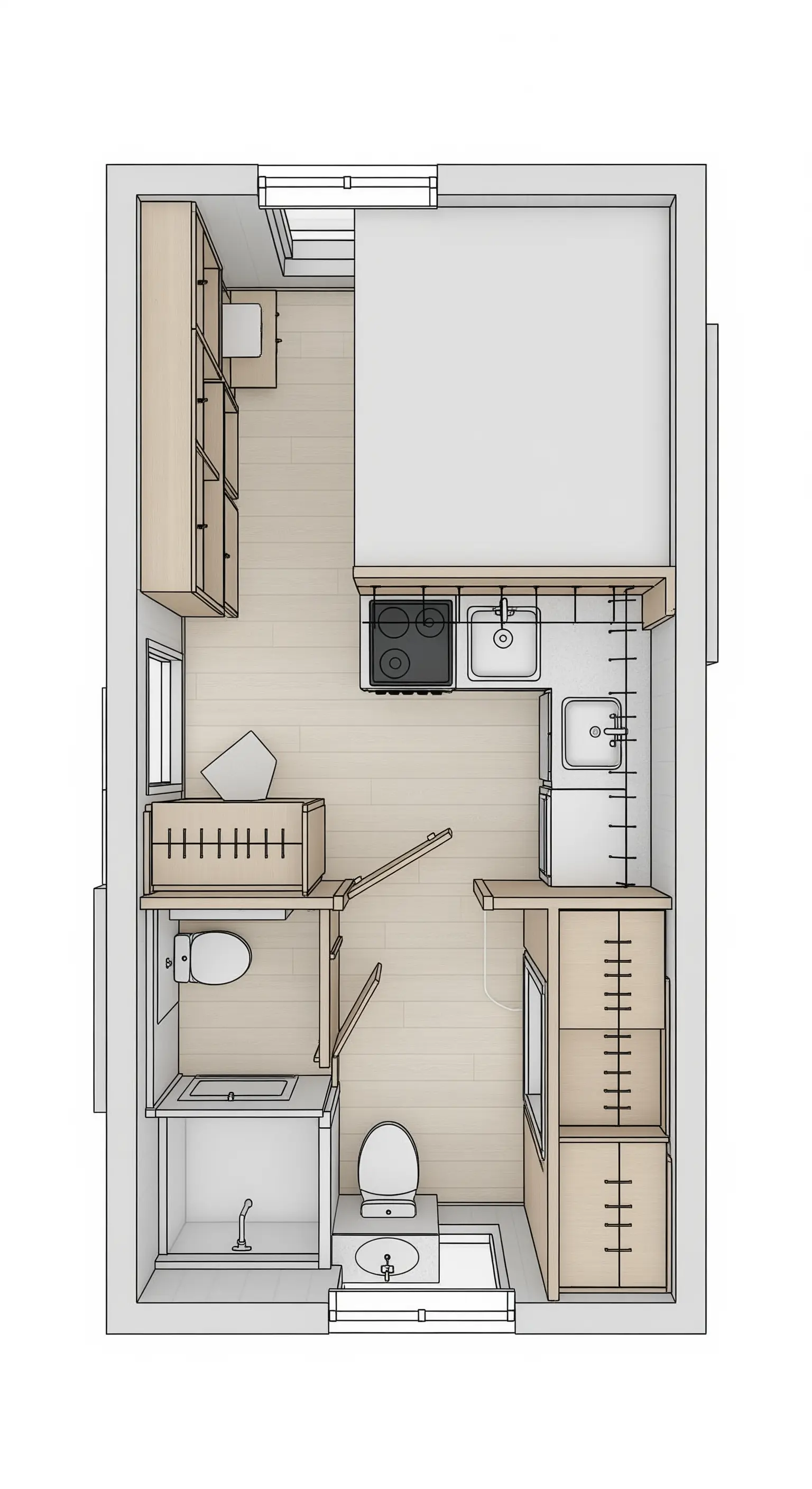 Minimalistischer Grundriss eines Tiny House mit funktionaler Anordnung.