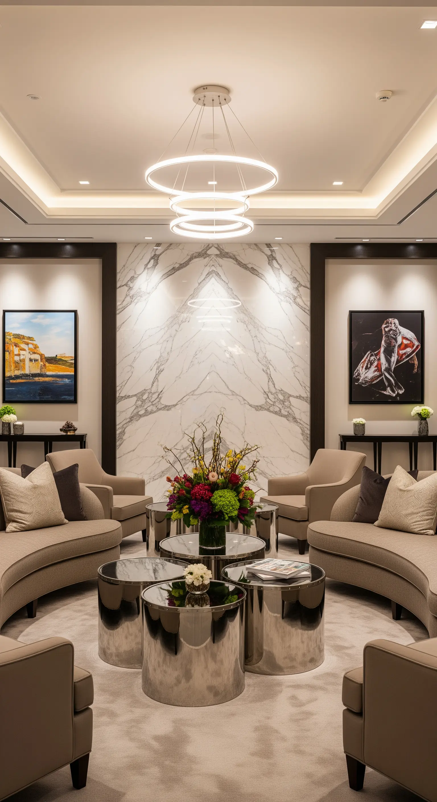 Luxuriöse Lounge mit geschwungenen Sofas, runden Chromtischen und einer Marmorwand.