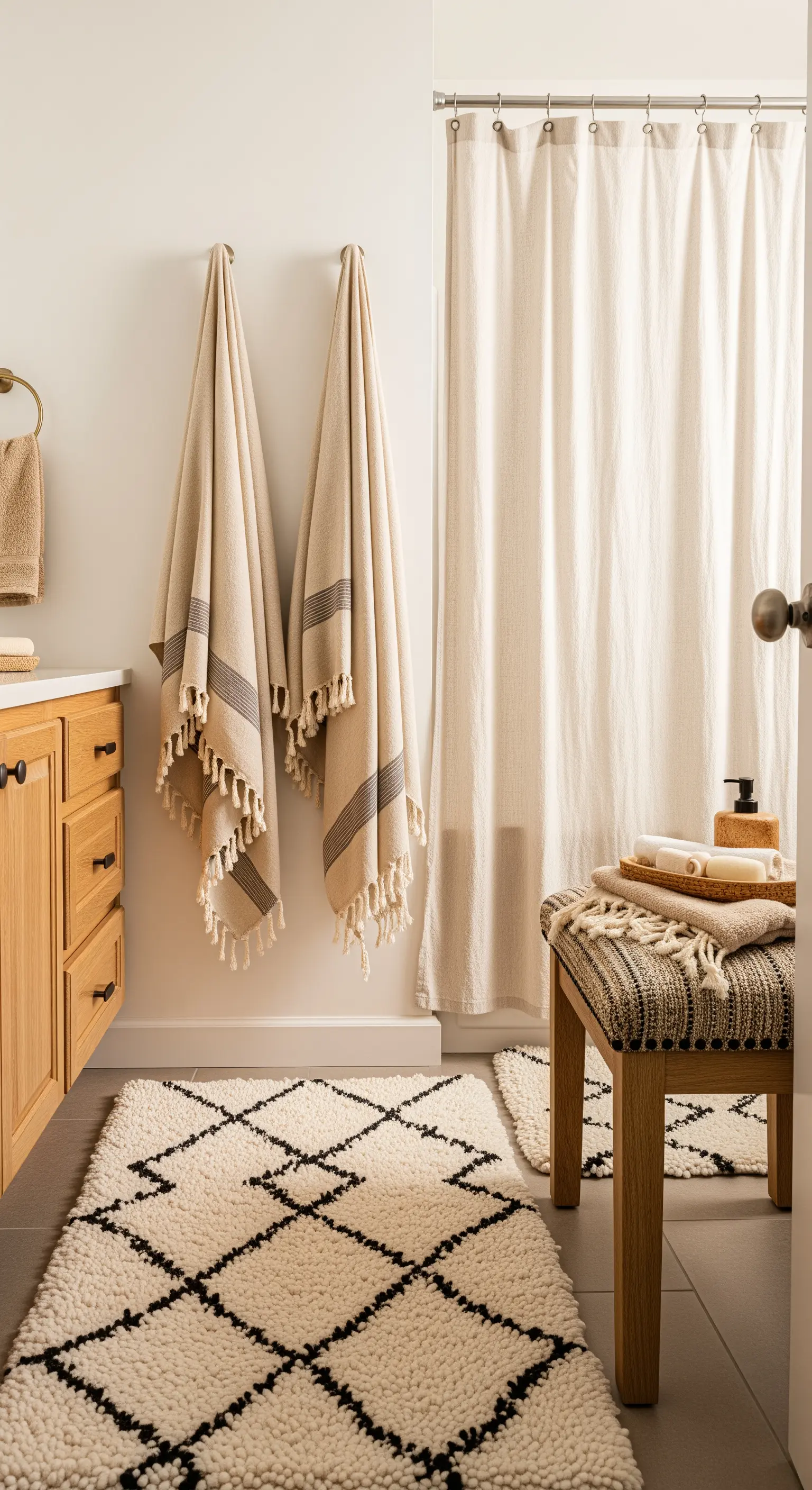 Badezimmer mit lässig aufgehängten Hamam-Tüchern und einem Berberteppich.