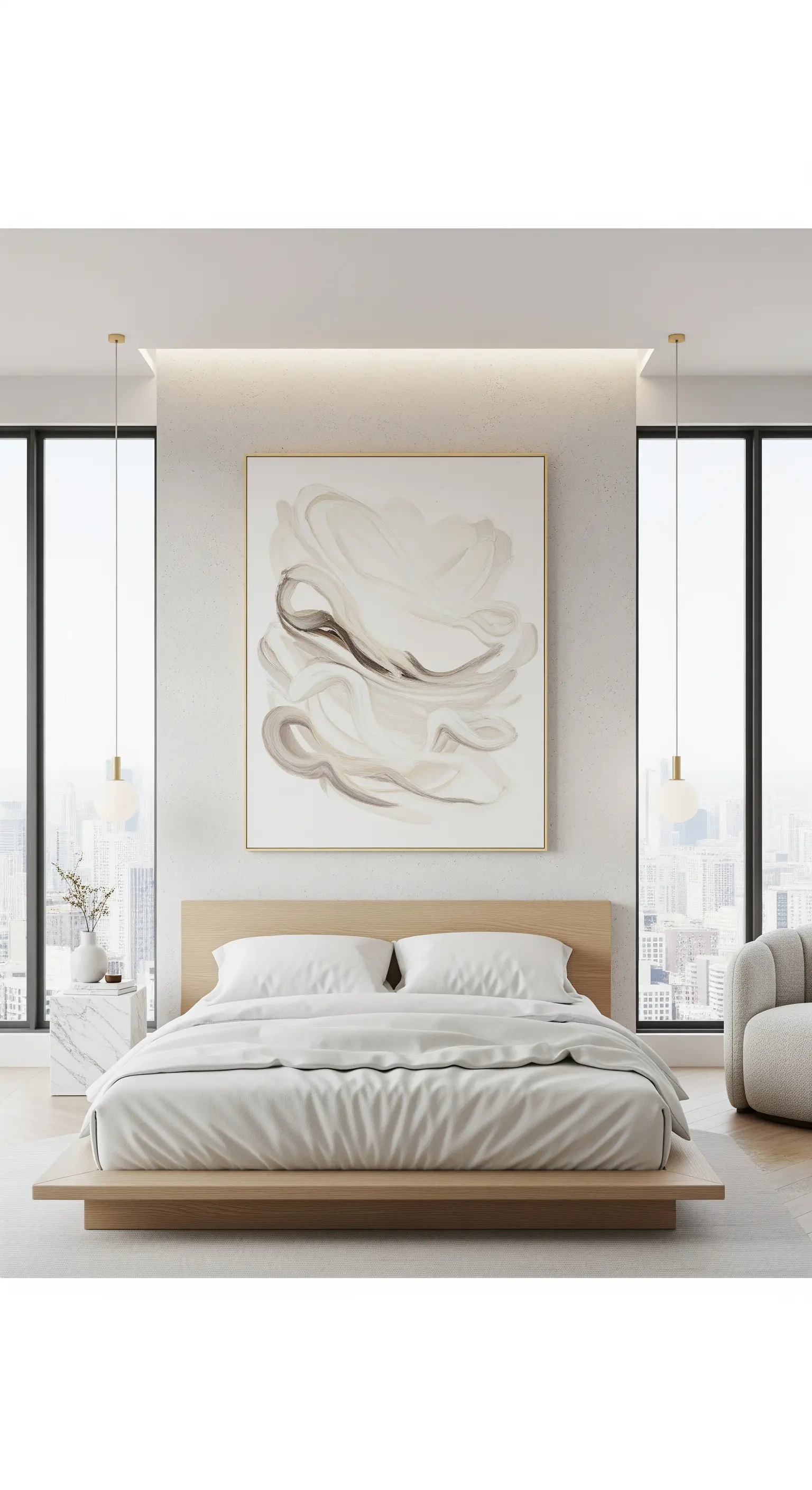 Minimalistisches Schlafzimmer mit großem abstraktem Kunstwerk in goldenem Rahmen.