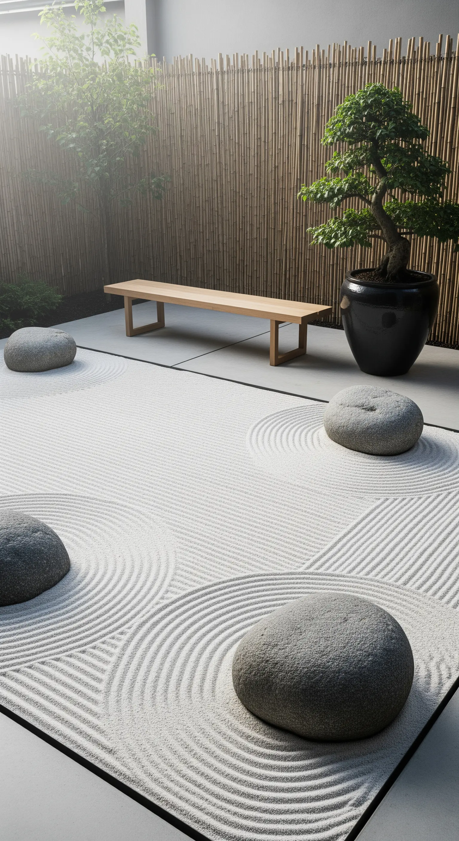 Minimalistischer Sandgarten mit Holzbank, Steinen und Bambuszaun.