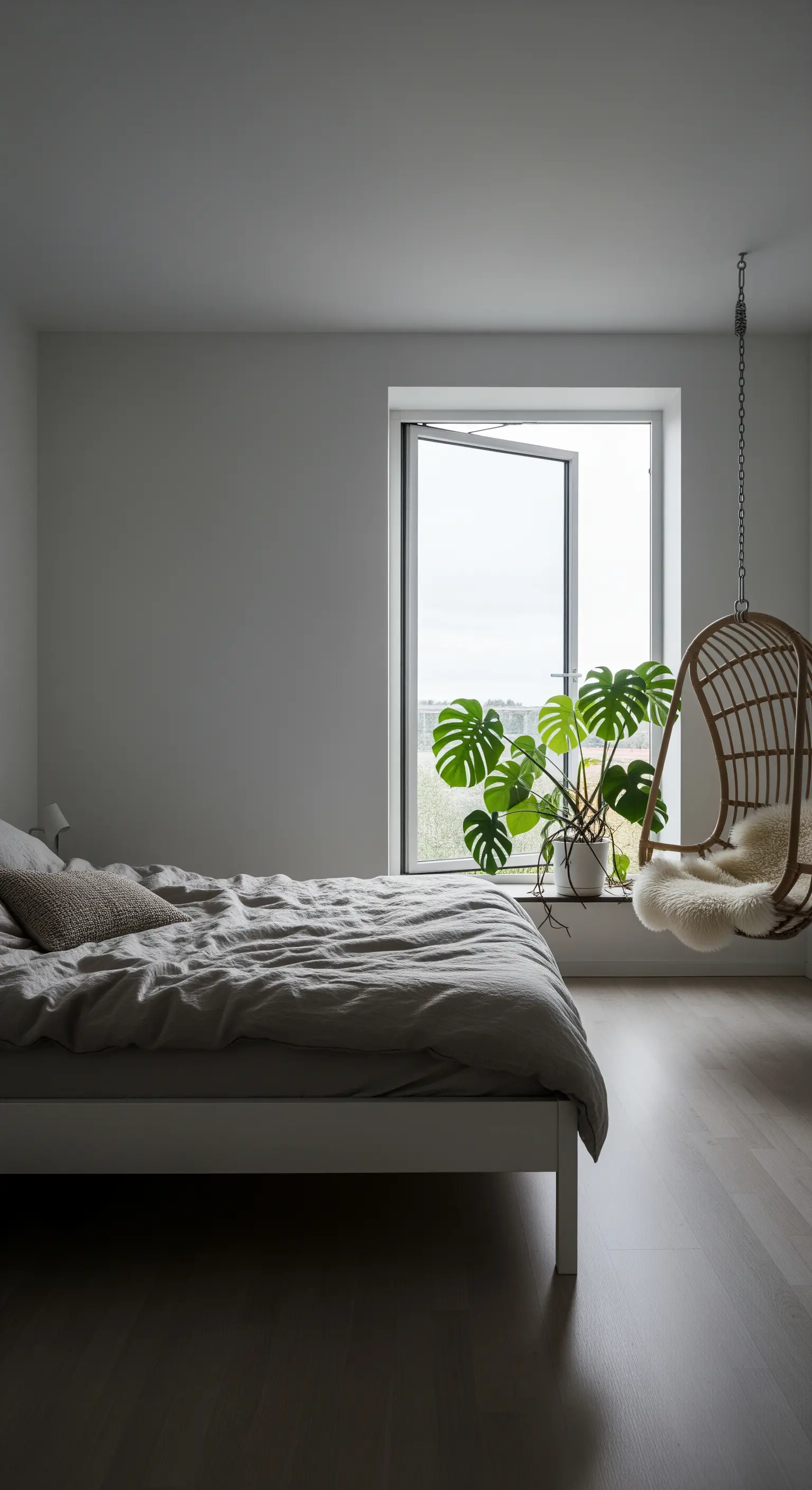 Minimalistisches Schlafzimmer mit grauem Bett, Hängesessel und einer großen Monstera-Pflanze.