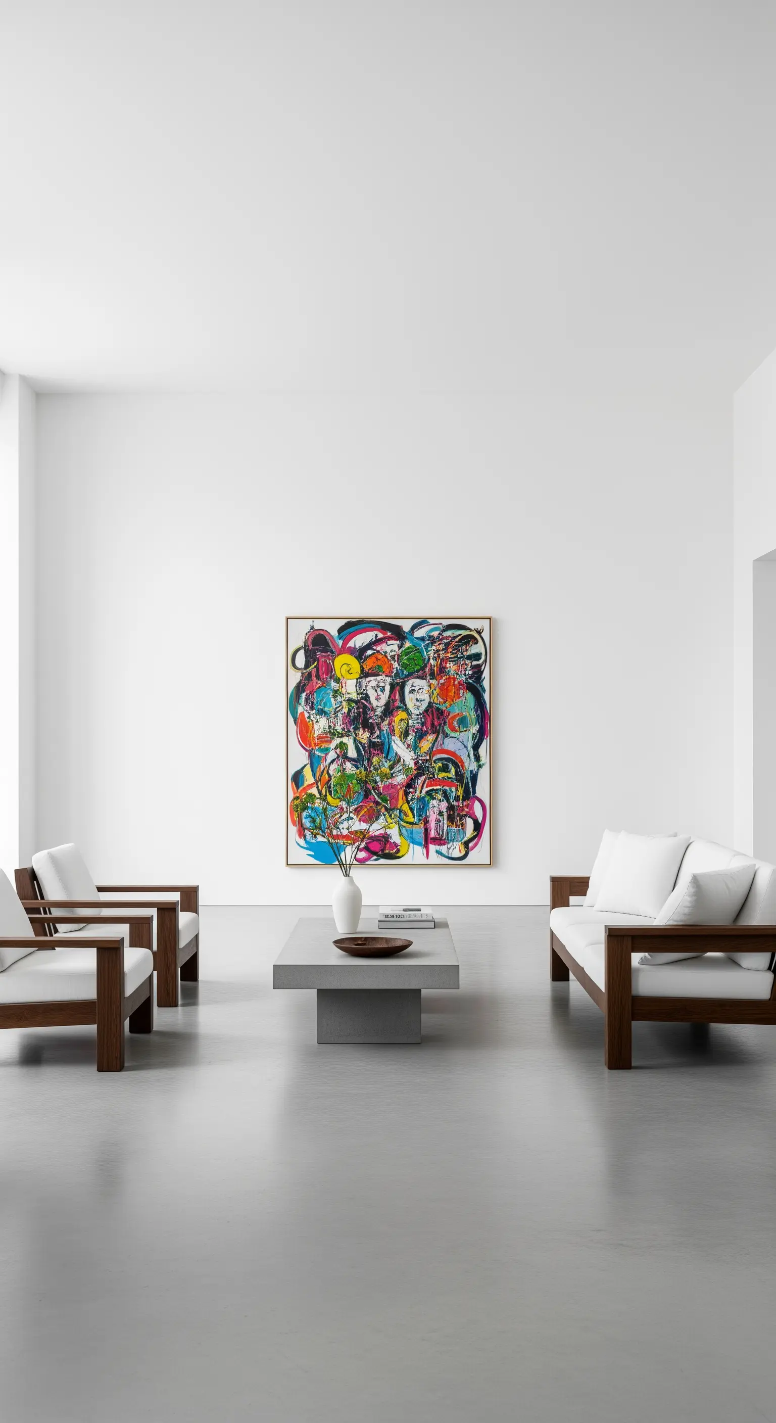 Minimalistisches Wohnzimmer mit Beton-Couchtisch und einem großen, bunten Kunstwerk an der Wand.