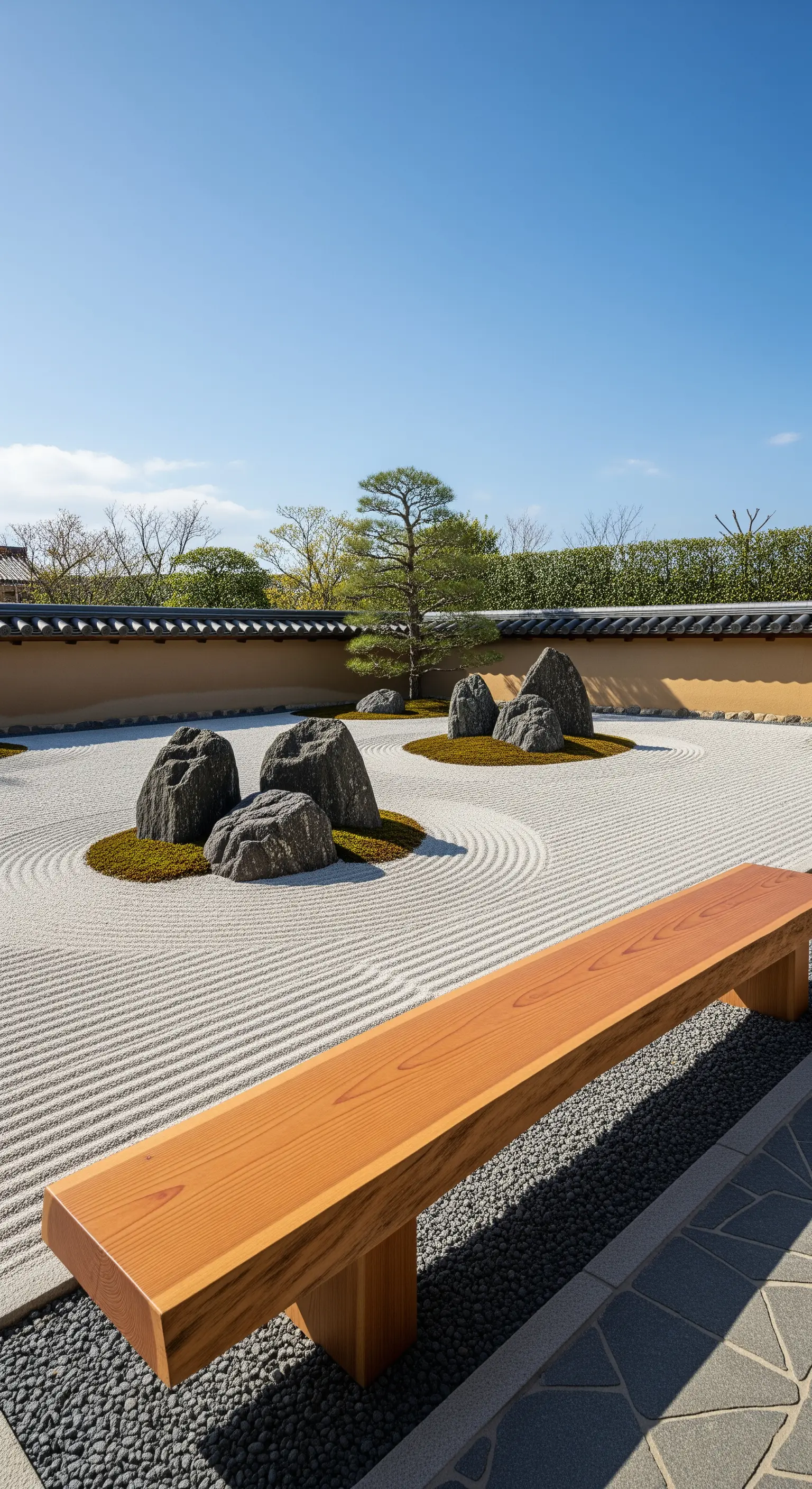 Weitläufiger Zen-Garten mit geharktem Sand, Felsformationen auf Moosinseln und einer Holzbank.