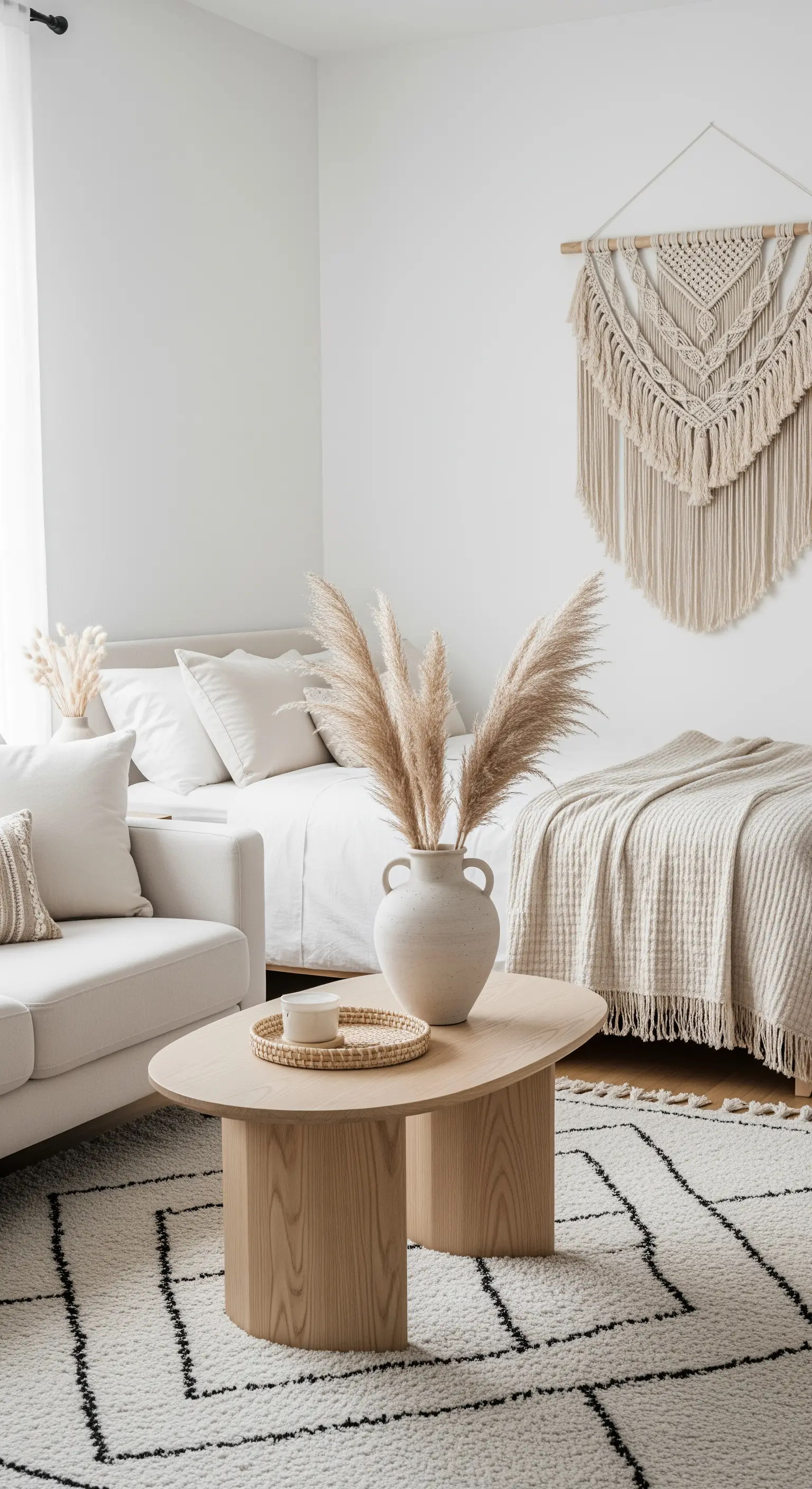Monochromes Boho-Apartment in Weiß und Beige mit Pampasgras und Makramee.