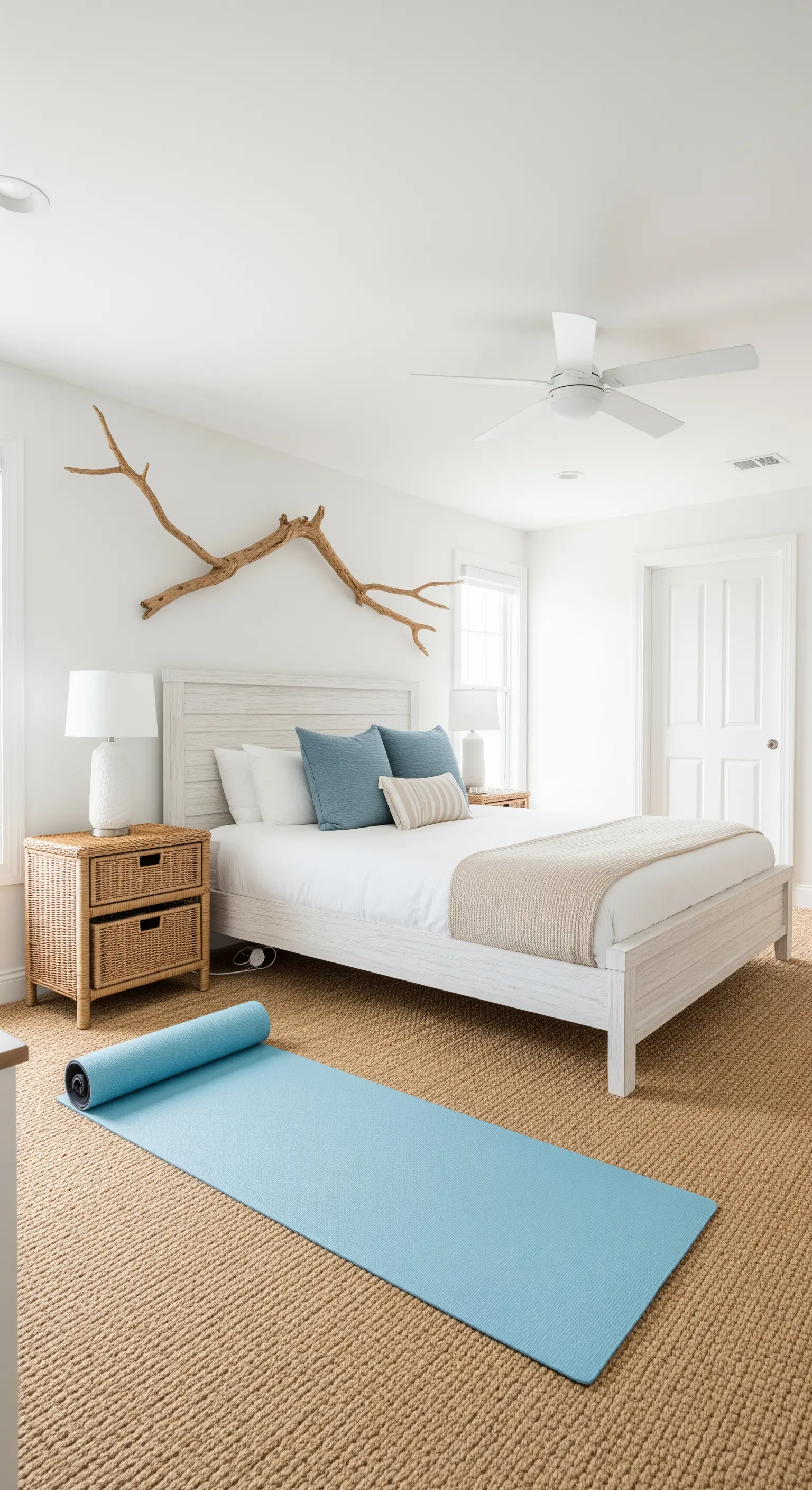 Helles Küsten-Schlafzimmer mit einem großen Stück Treibholz über dem Bett.