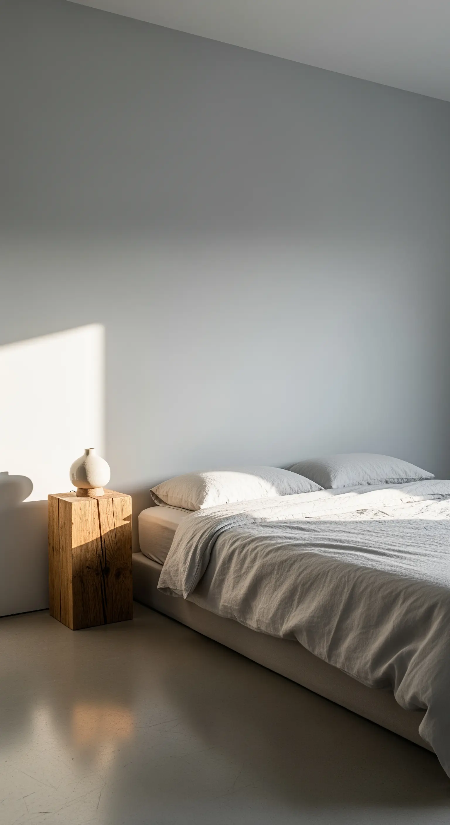 Ein Holzbalken als Nachttisch ersetzt visuelles Chaos durch natürliche, skulpturale Ruhe.