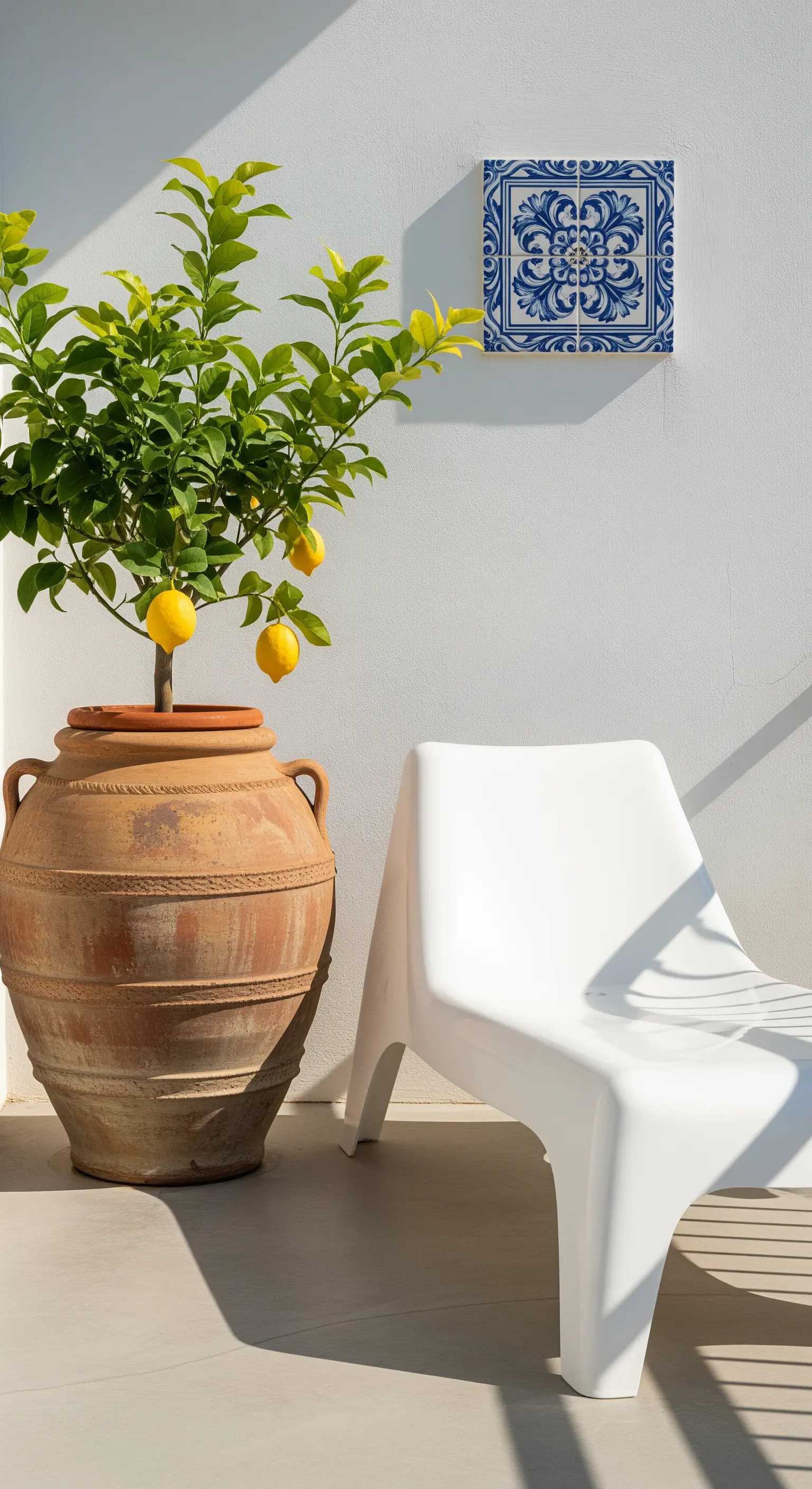 Minimalistischer Balkon mit großem Terrakottatopf, weißem Stuhl und einer einzelnen blauen Zierkachel an der Wand.