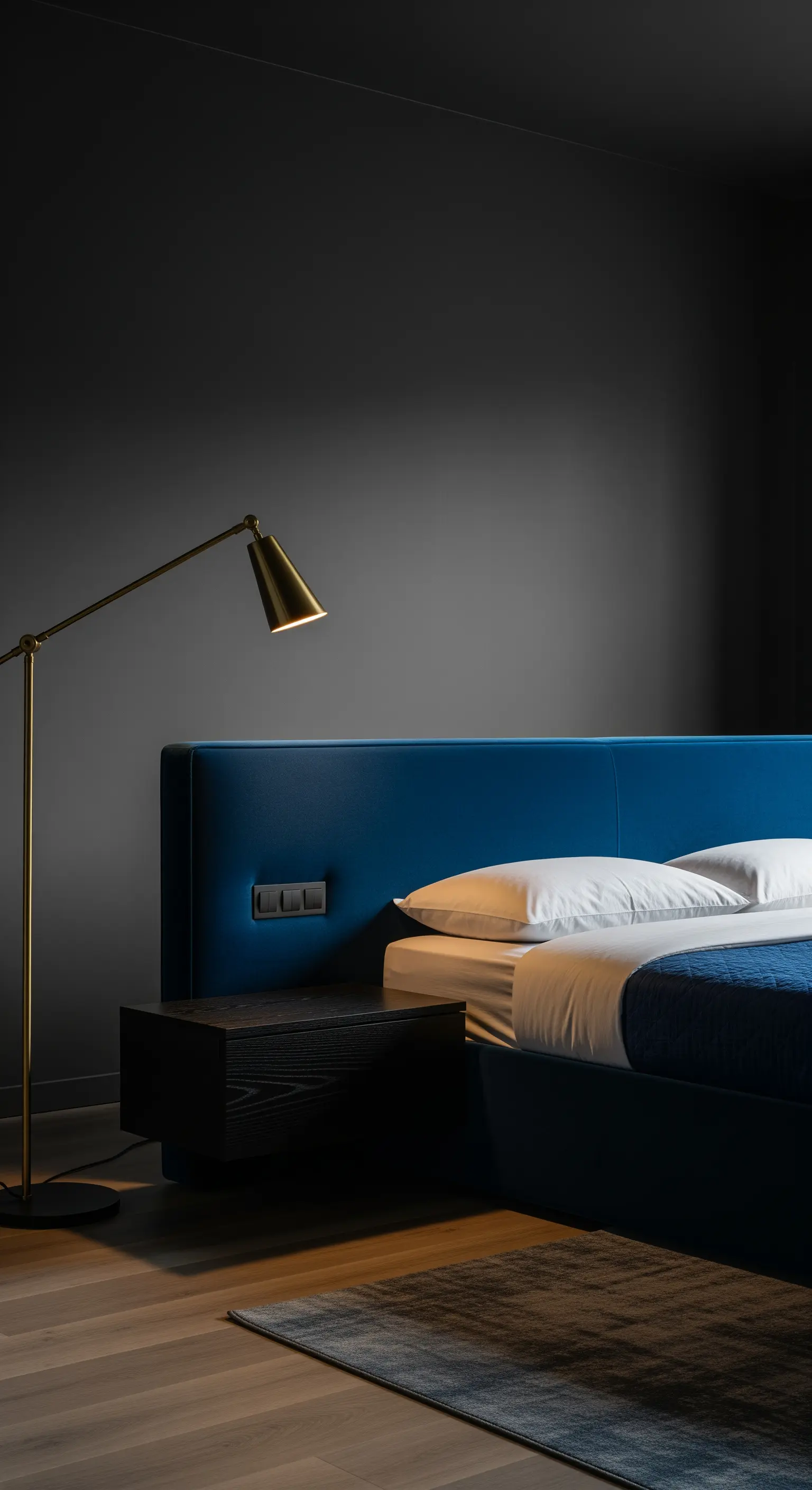 Minimalistisches Schlafzimmer mit dunkelgrauer Wand, blauem Bett und goldener Stehlampe