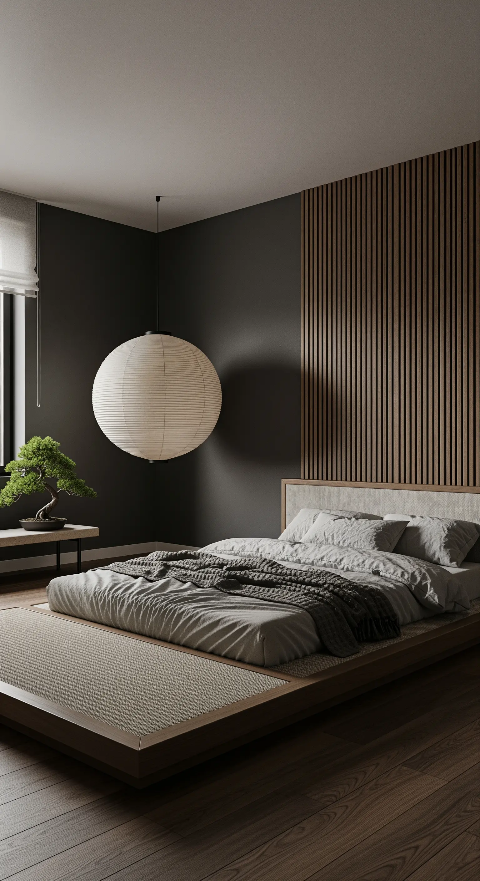 Minimalistisches Japandi-Schlafzimmer mit bodennahem Bett, dunklen Wänden und einer Reispapierleuchte.