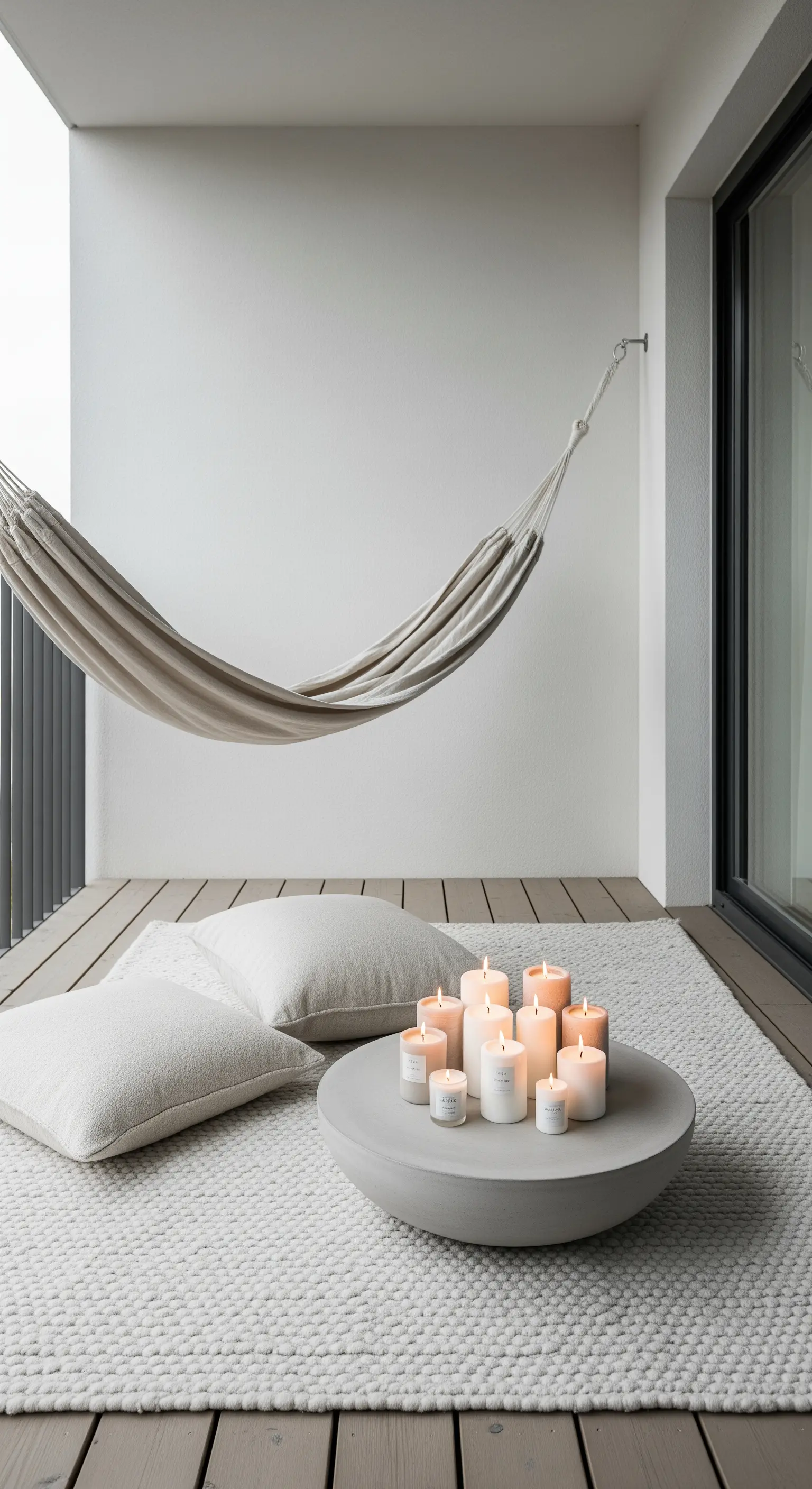 Minimalistischer Balkon mit Hängematte und einer Gruppe Kerzen auf einem Betontisch