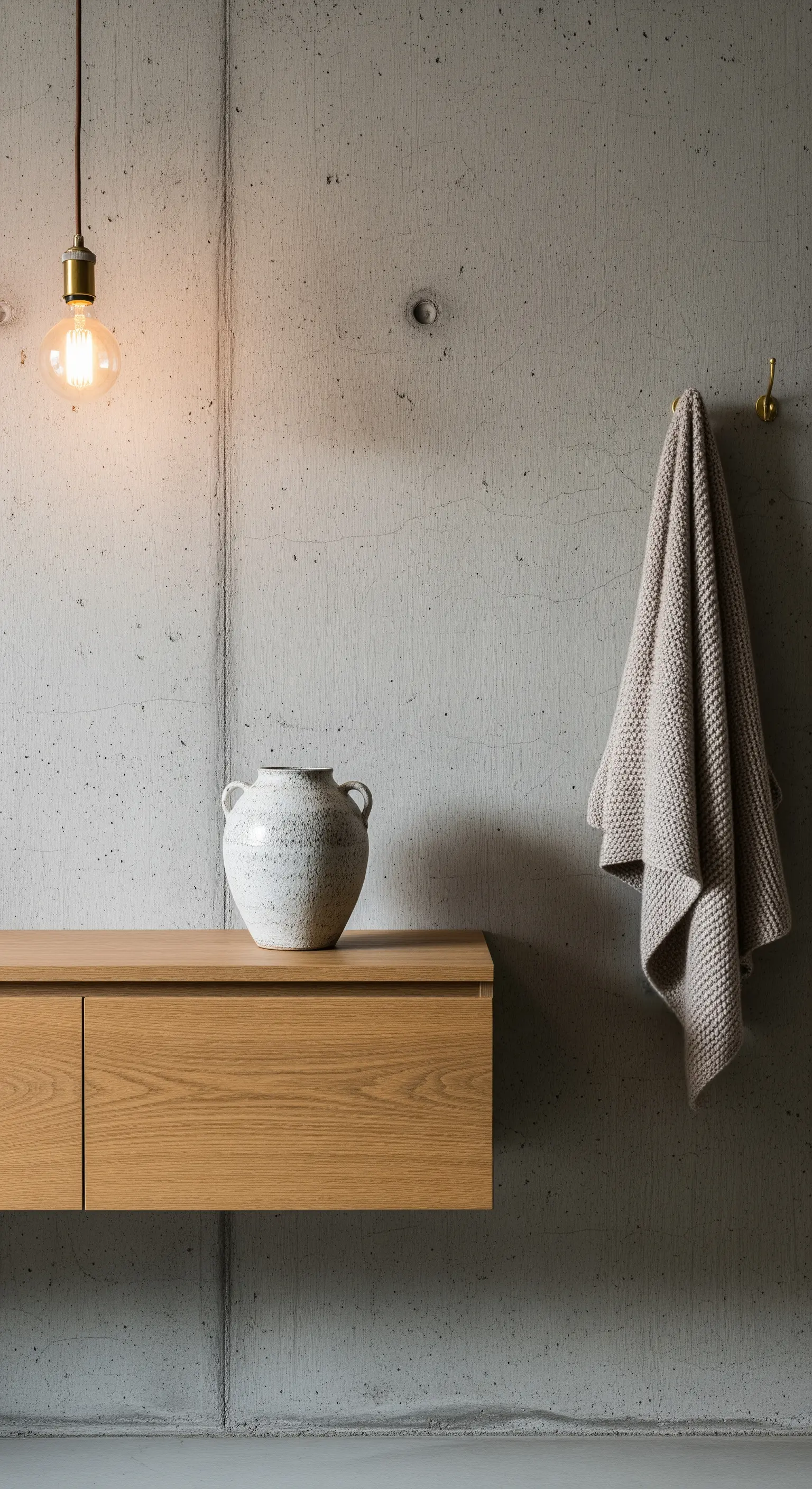 Schwebende Holzkonsole an einer Betonwand mit einer Vase und einem einzelnen Haken