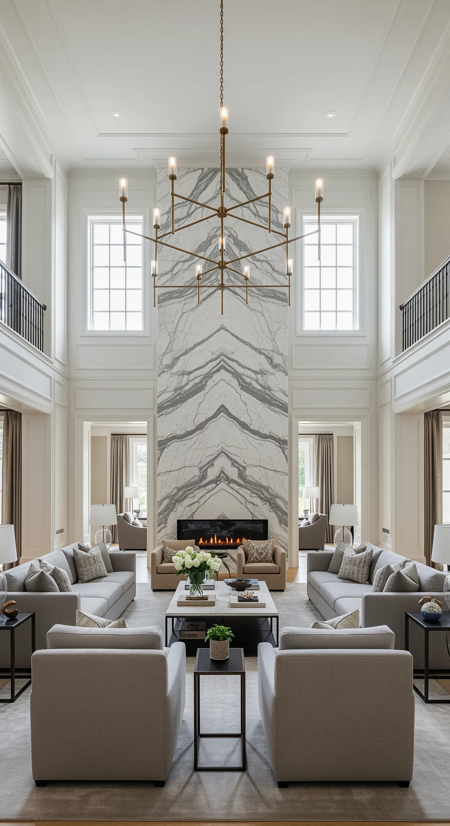 Hohes, symmetrisches Wohnzimmer mit raumhohem Marmorkamin und zwei Sofagruppen.