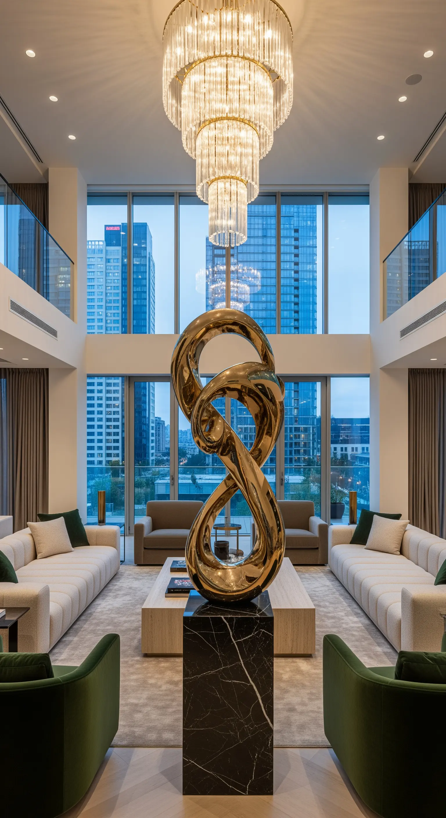 Zentrale Goldskulptur auf schwarzem Marmorsockel in einem Penthouse-Wohnzimmer.