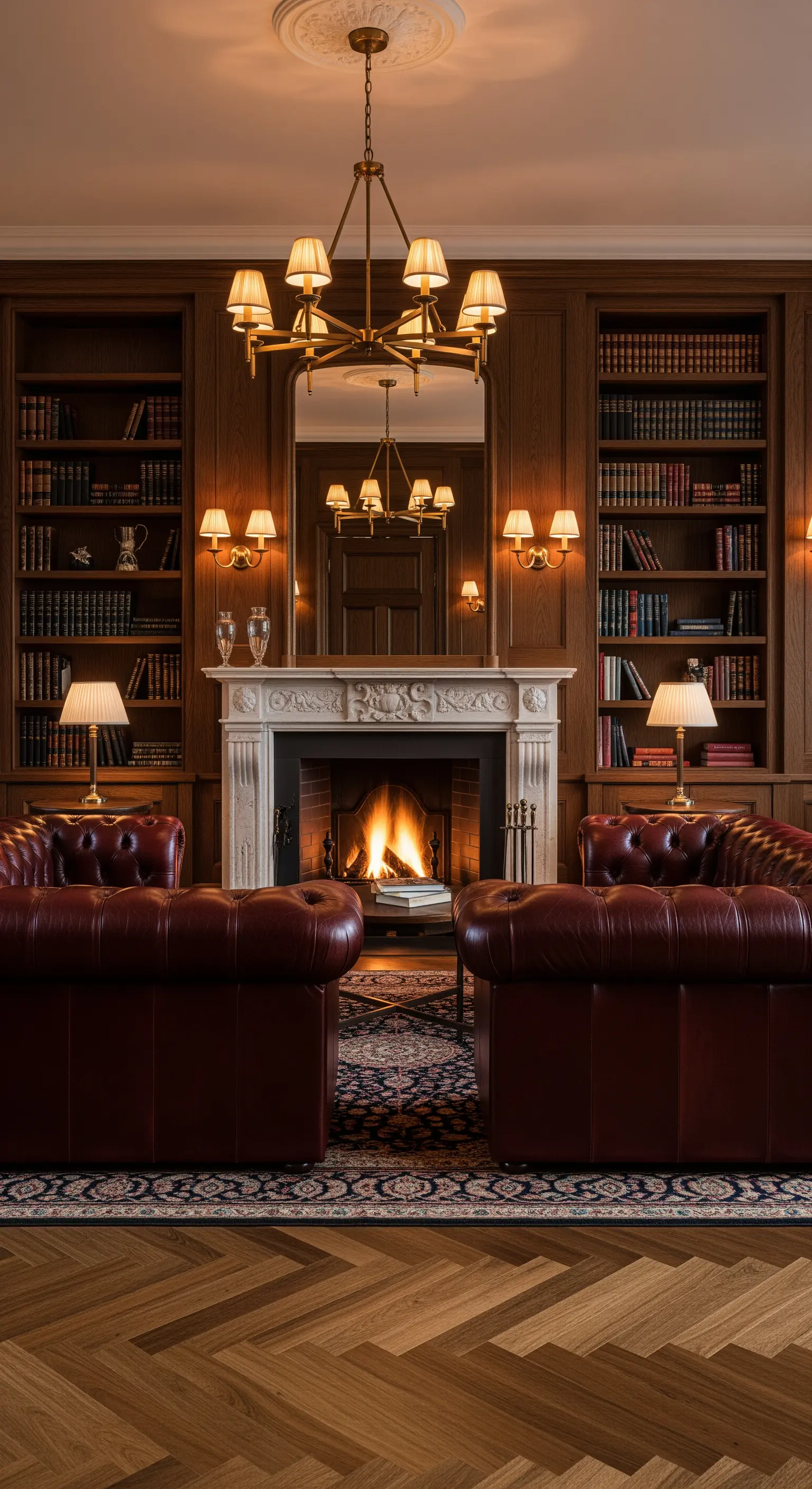 Symmetrisch angeordnete Ledersofas vor einem klassischen Kamin in einer holzvertäfelten Bibliothek.