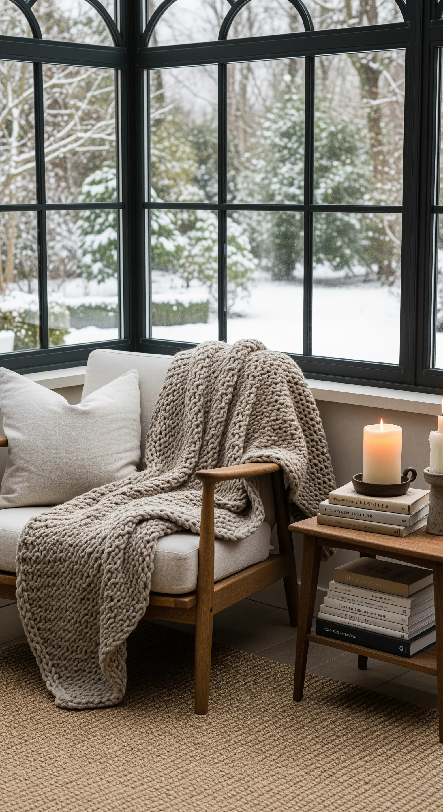 Japandi Leseecke im Wintergarten mit grobgestrickter Decke und Kerzenlicht.