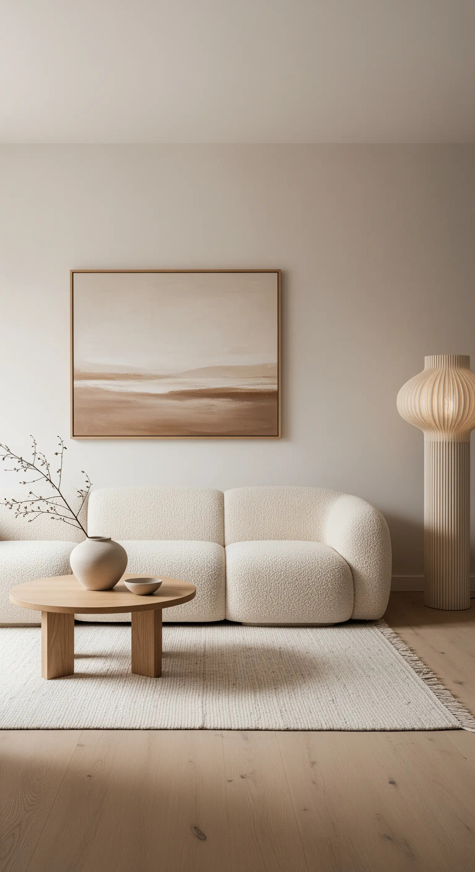 Minimalistisches Wohnzimmer mit cremefarbenem Bouclé-Sofa und texturiertem Teppich.