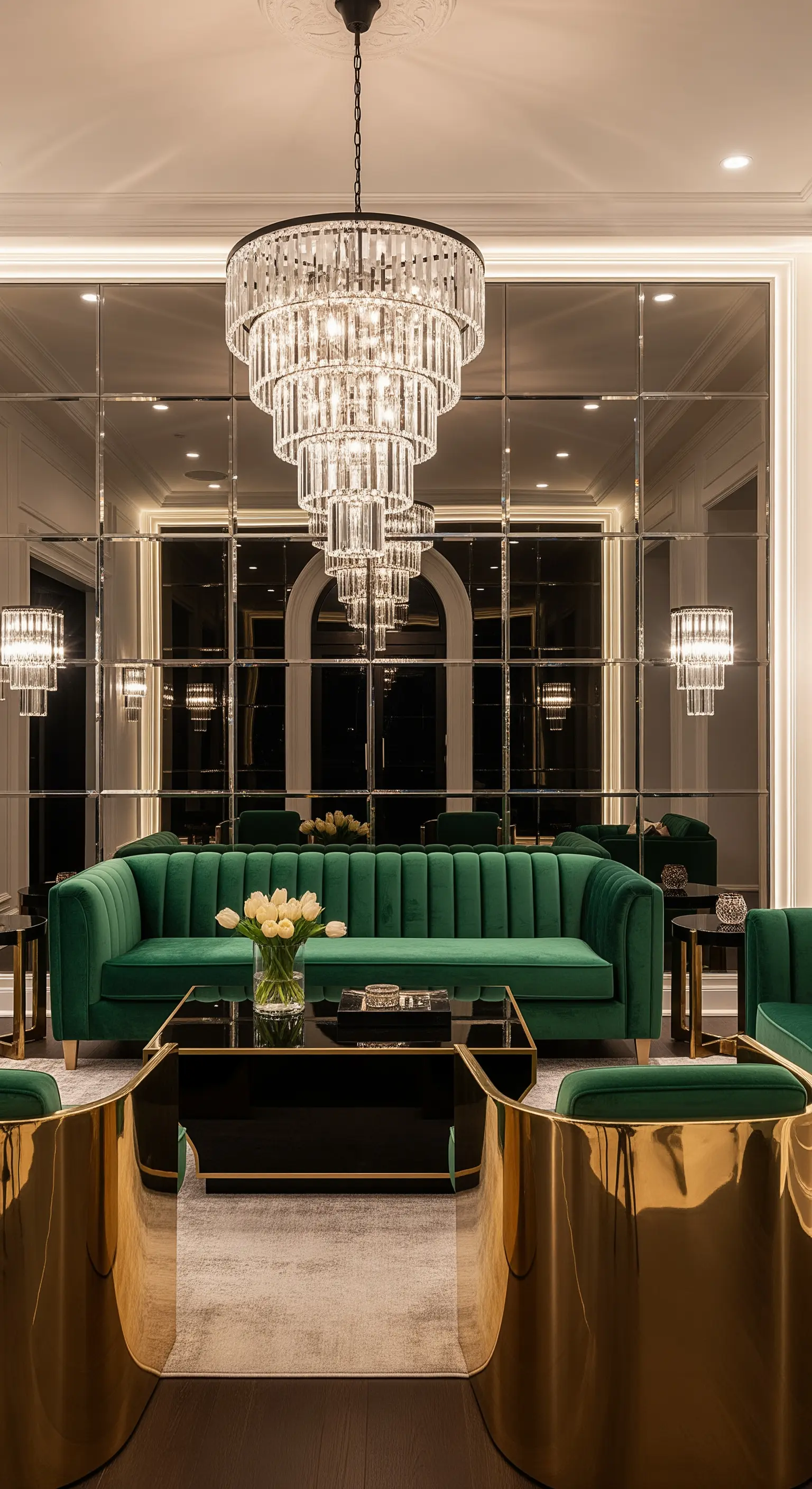 Smaragdgrünes Samtsofa vor einer Spiegelwand mit Kristallleuchter.