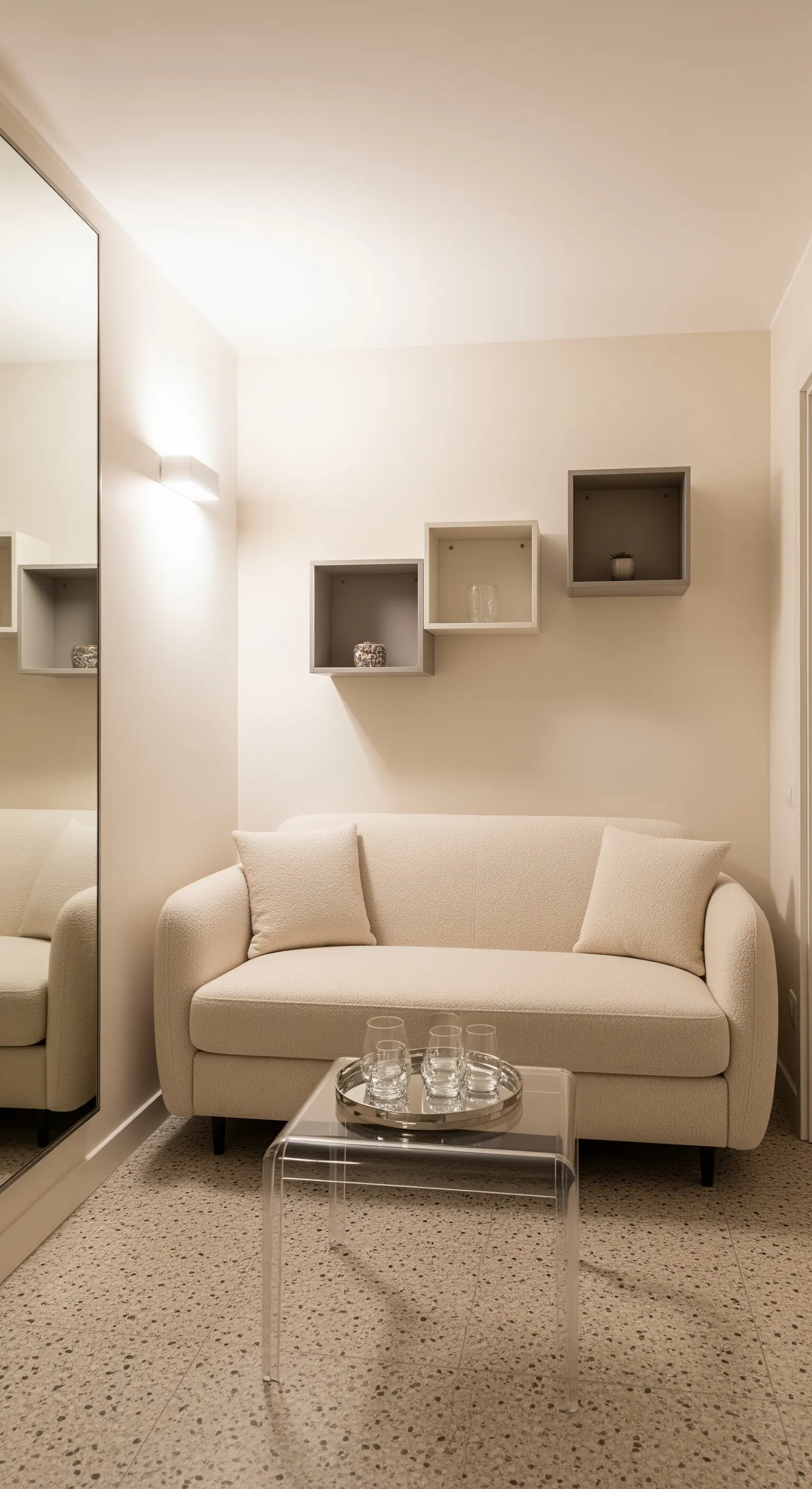 Kleine, helle Sitzecke mit einem Acryl-Couchtisch, einem großen Spiegel und schwebenden Wandregalen.