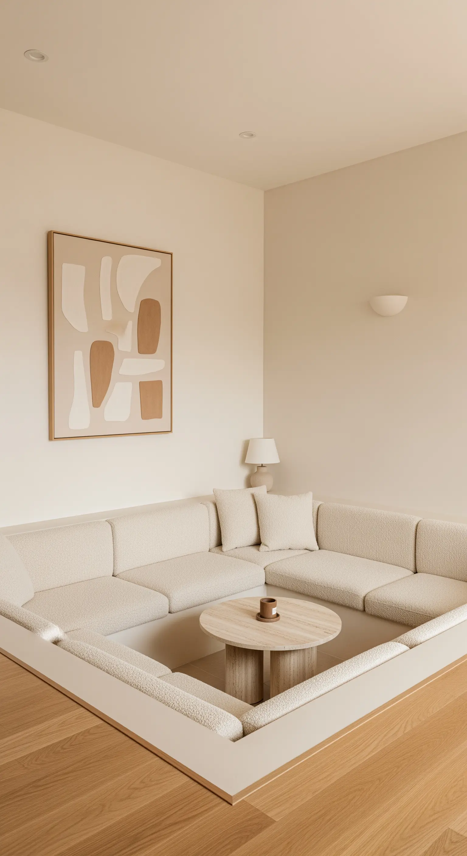 Minimalistische versenkte Sitzecke in Beigetönen mit abstraktem Kunstwerk.