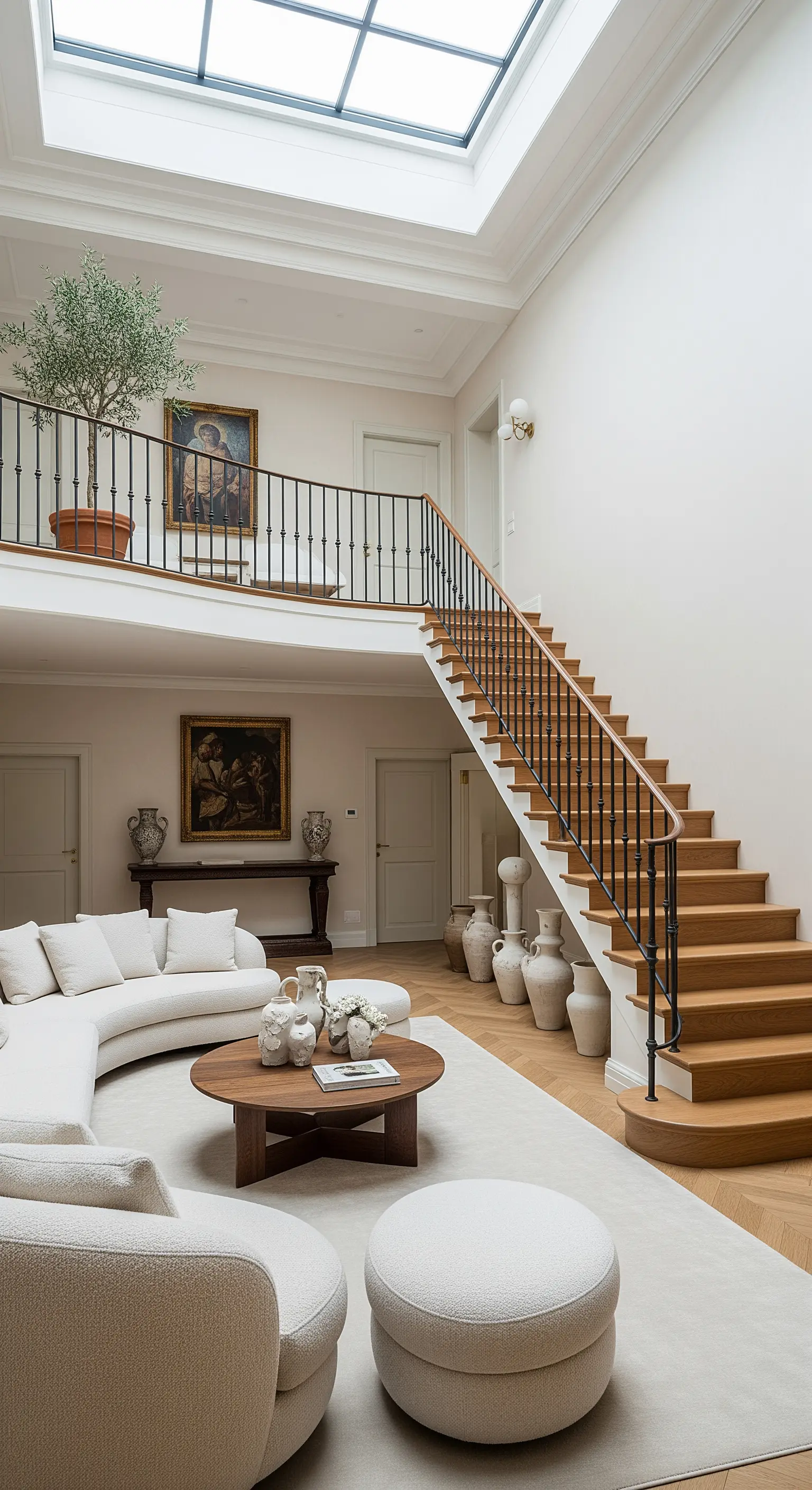 Hohes Wohnzimmer mit Galerie, einer Treppe und großen, antiken Tonvasen als Dekoration.