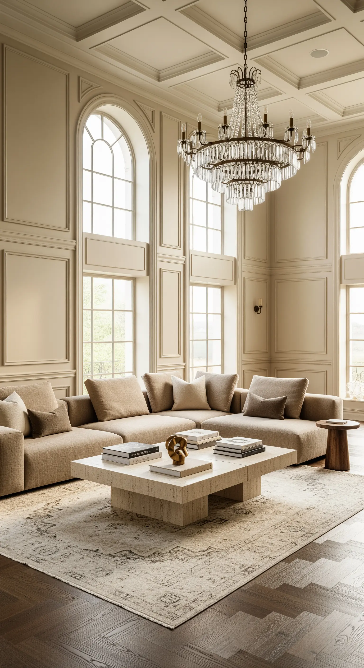 Hohes Wohnzimmer mit Stuck, beigem Sofa und opulentem Kristall-Kronleuchter.