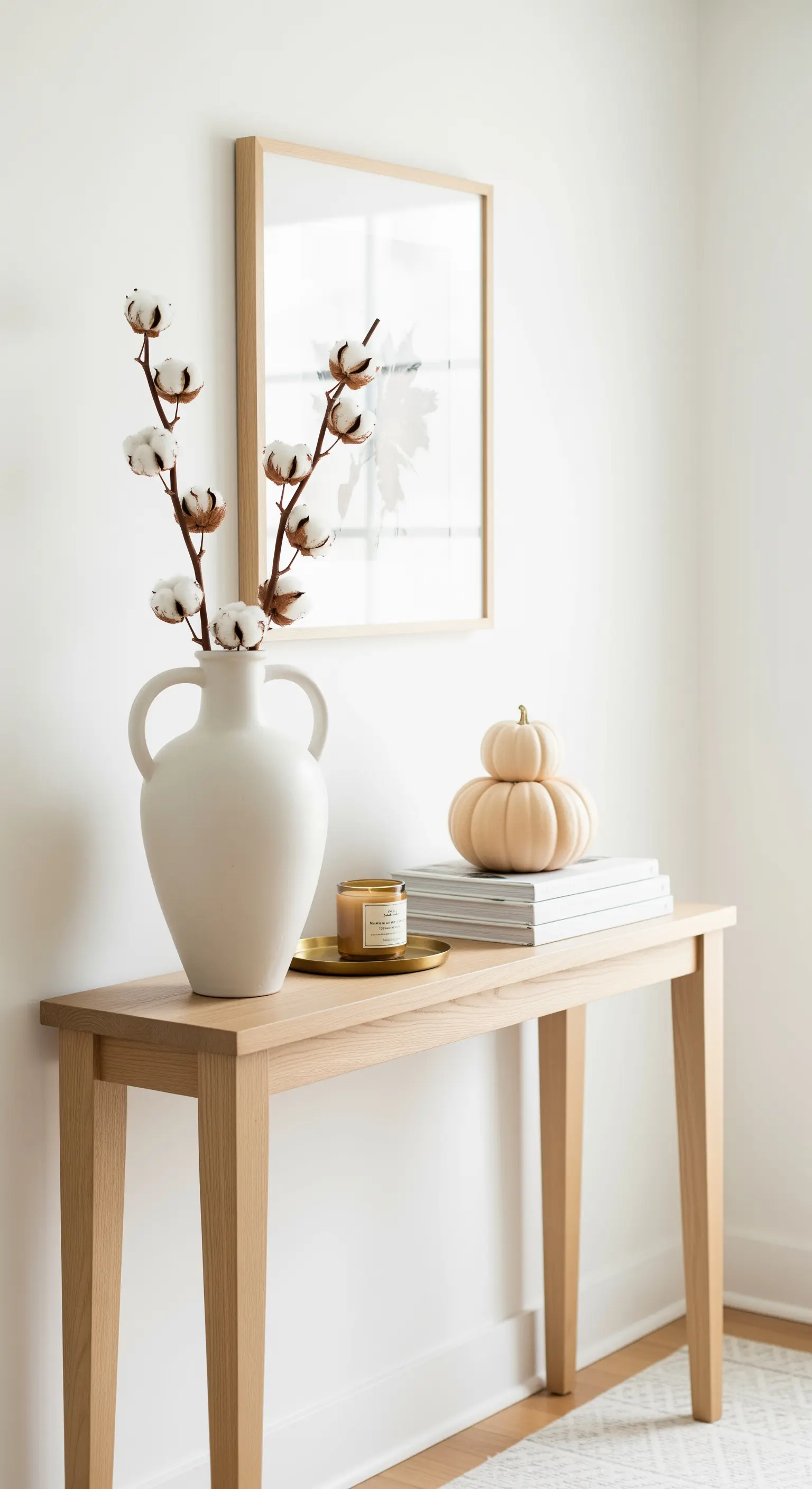 Konsole mit Vase, Büchern, Kerze und einem kleinen, gestapelten Kürbis.