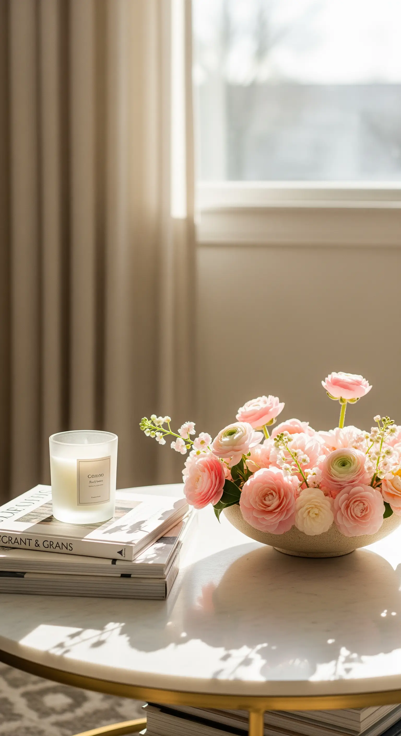 Nahaufnahme eines Marmor-Couchtischs mit einer Schale rosa Ranunkeln, Büchern und einer Kerze.