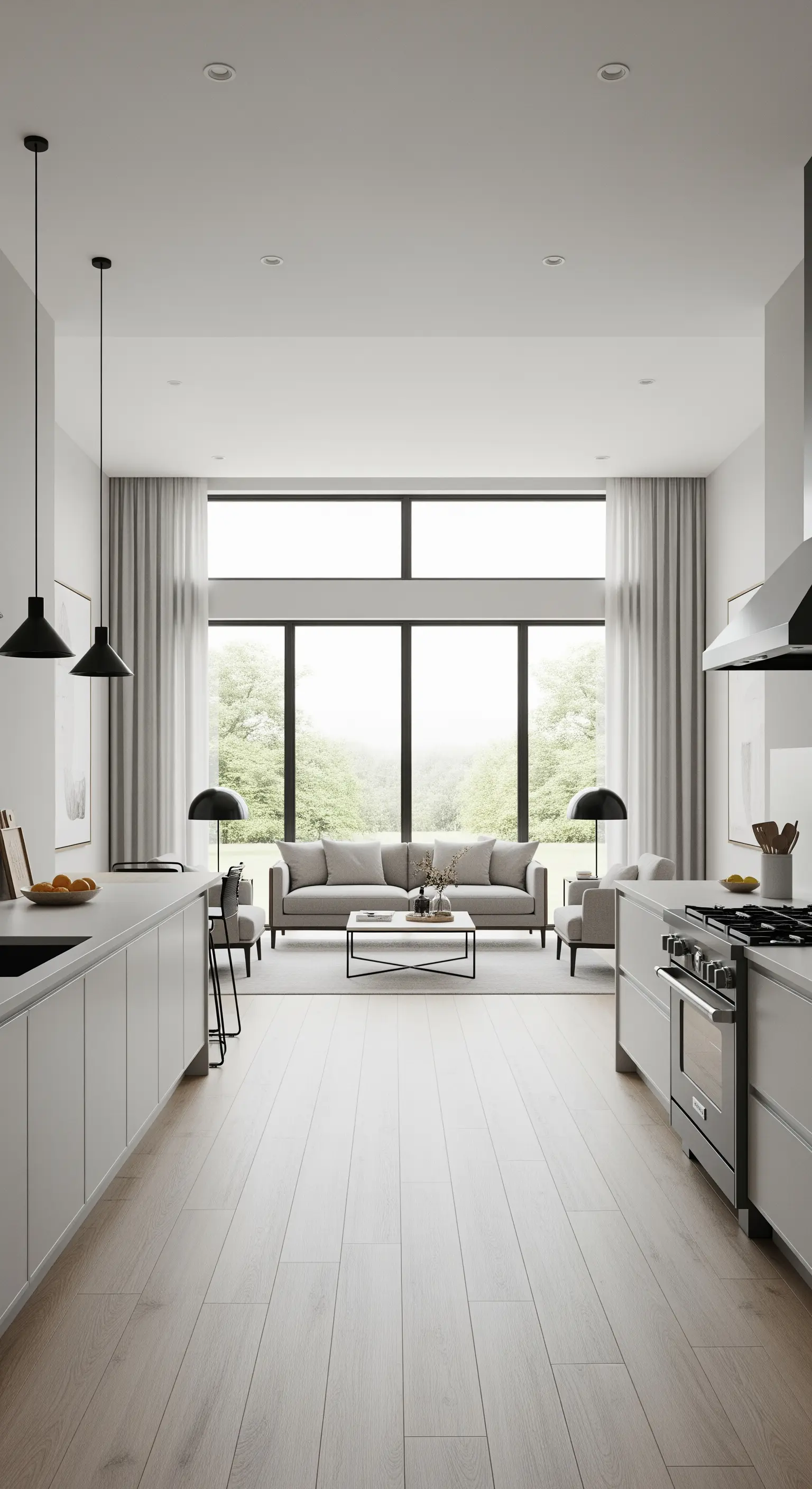 Helle, minimalistische Wohnküche mit symmetrischer Einrichtung und Fokus auf eine große Fensterfront.