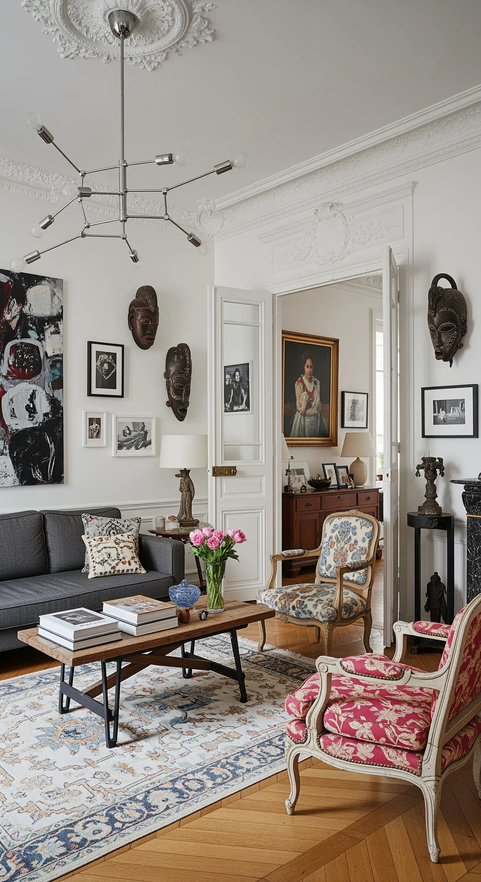Eklektisches Pariser Wohnzimmer, das moderne und antike Möbel mit Kunst mischt.